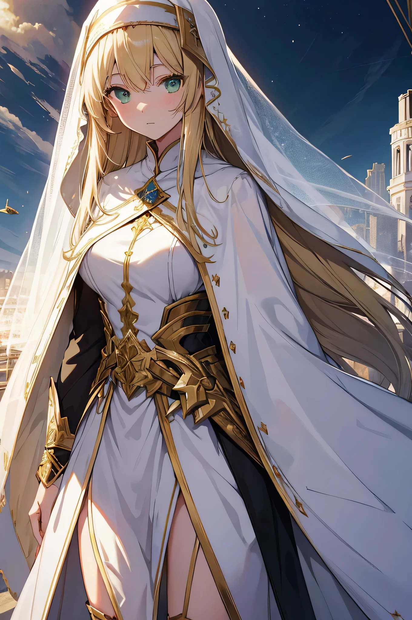 4k,High resolution,one woman,blonde,long hair,green eyes,nun,nunのドレス,white holy armor,white veil,jewelry embellishments,gold decoration,long sword,Ruined city of the future,End of the century,dusk sky