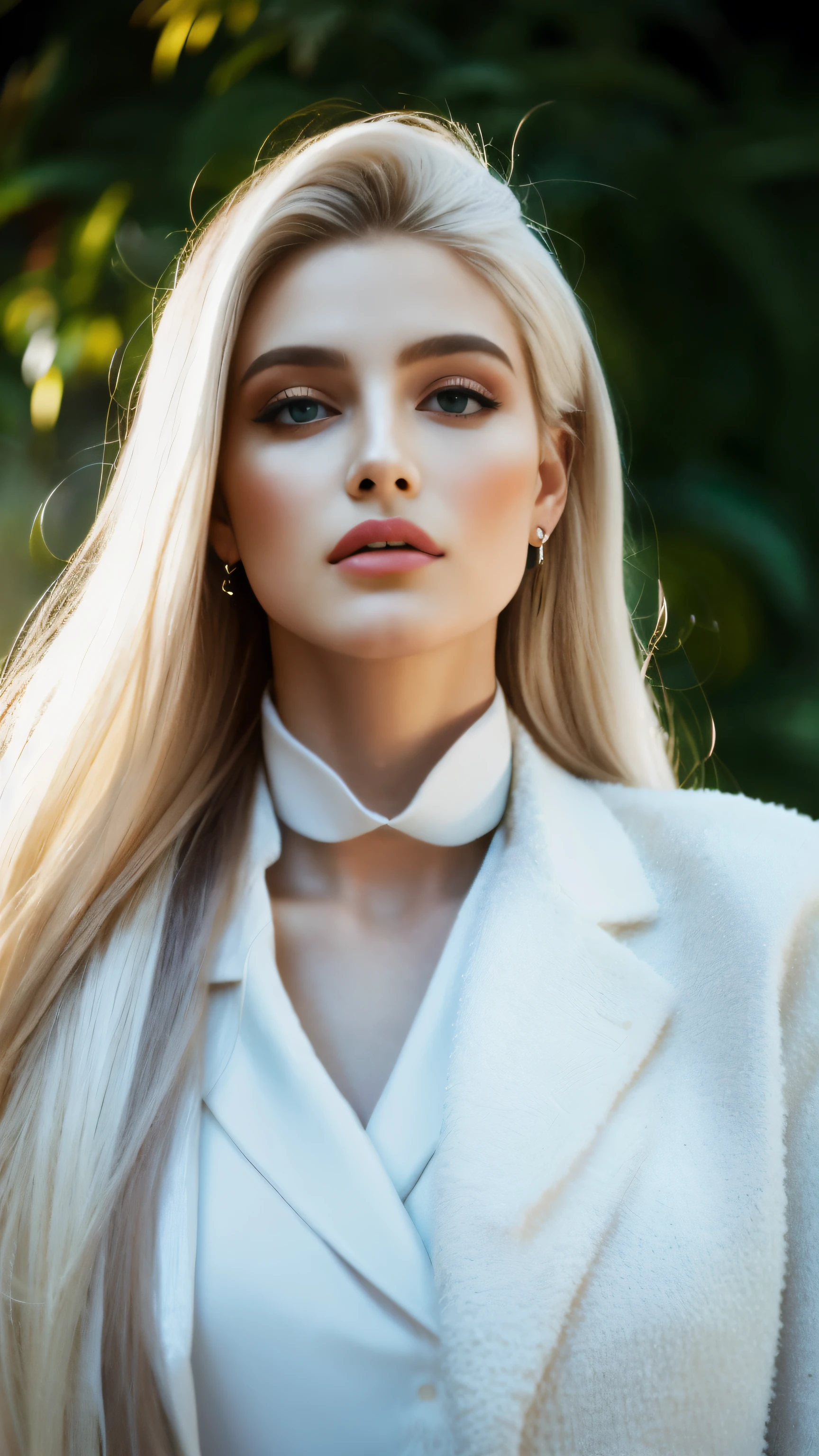 masterpiece, highest quality, (solo focus), (perfect face:1.1), (high detail:1.1), (hyper detailed eyes), dramatic, 1guy, (pale skin), long white hair, ethereal eyes, (light eyebrows), solo, long hair, JTiago Azevedo, moon, night, white luxury suit, pouty lips, fur, proud expression,garden, detailed background, art by artgerm, cinematic lighting, roses, fashion, BalenciagaStyle