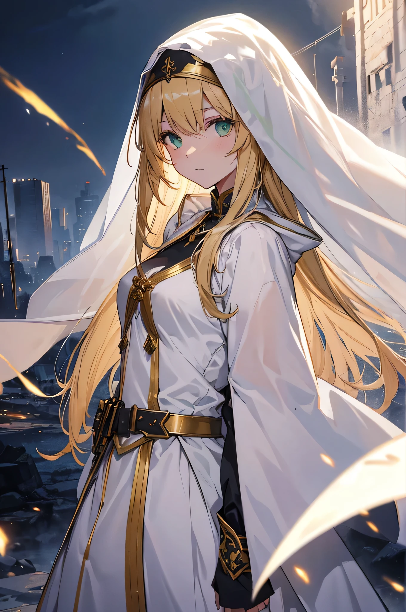 4k,High resolution,one woman,blonde,long hair,green eyes,nun,nunのドレス,white holy armor,white veil,jewelry embellishments,gold decoration,long sword,Ruined city of the future,End of the century,dusk sky