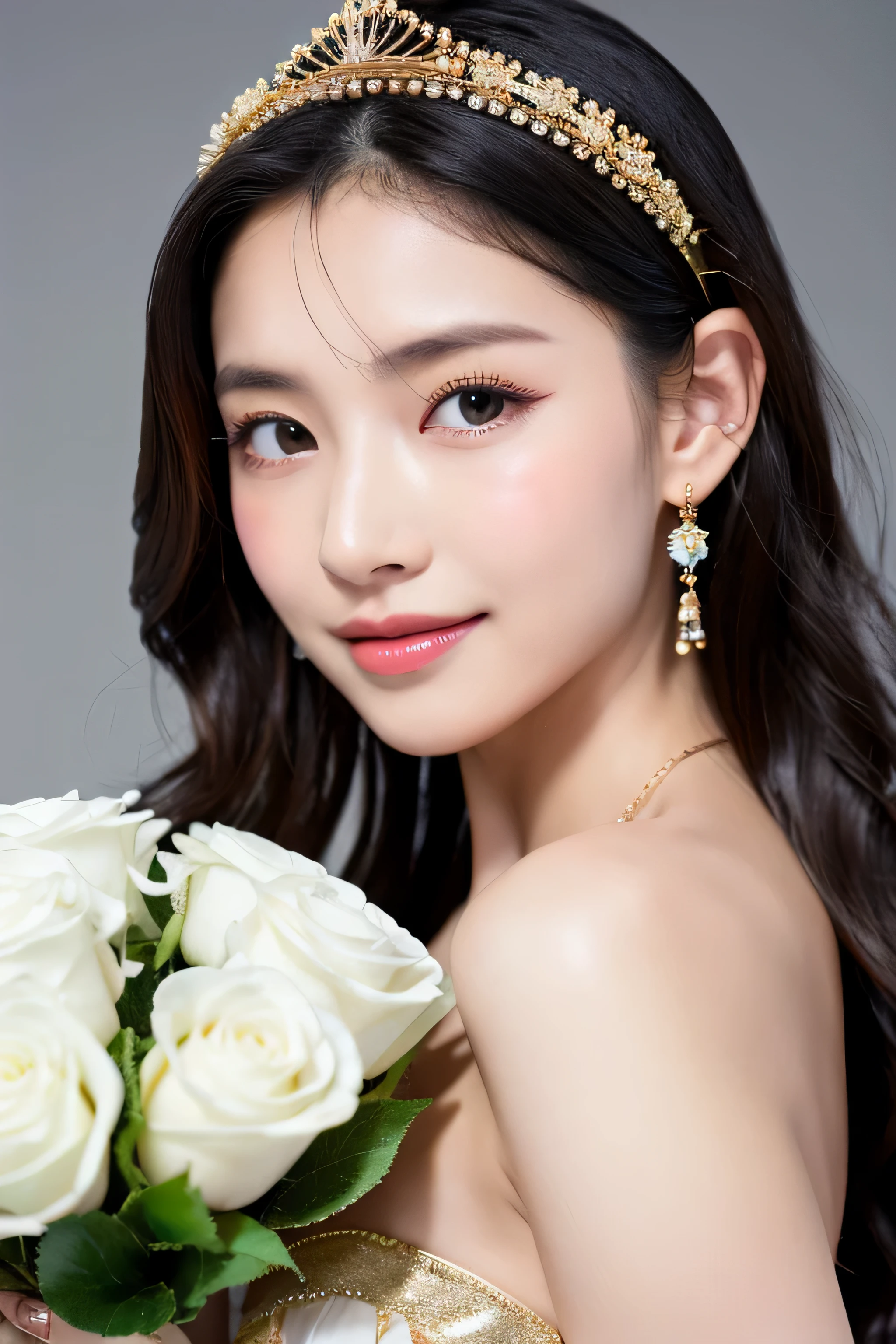 ((highest quality)), ((masterpiece)), (become familiar with), perfect face、8k、real photos、ultra high resolution, master parts, highest quality, ticker , cinematic images,nice girl、Ann、16 years old、Annグロサクソン人、eyes are purple、double eyelid、very垂れ目、(very, very大きな瞳:1.9)、dark eyeshadow、very薄い唇、The tip of your nose grows beautifully..、nose tip is small,,,,, very detailed ,silver hair、straight hair、very smiling、 sweet expression 、very beautiful woman、long legs、big breasts、 very clear shadows , jewelry , fine eyes, shiny skin , パーフェクトブリリAnnト, perfect sentence, dramatic shadow 、She wears a white see-through dress、Gold embroidery throughout the dress、white high heels、white tiara on head、gold necklace、angel wings on the back、holding a bouquet of flowers in both hands