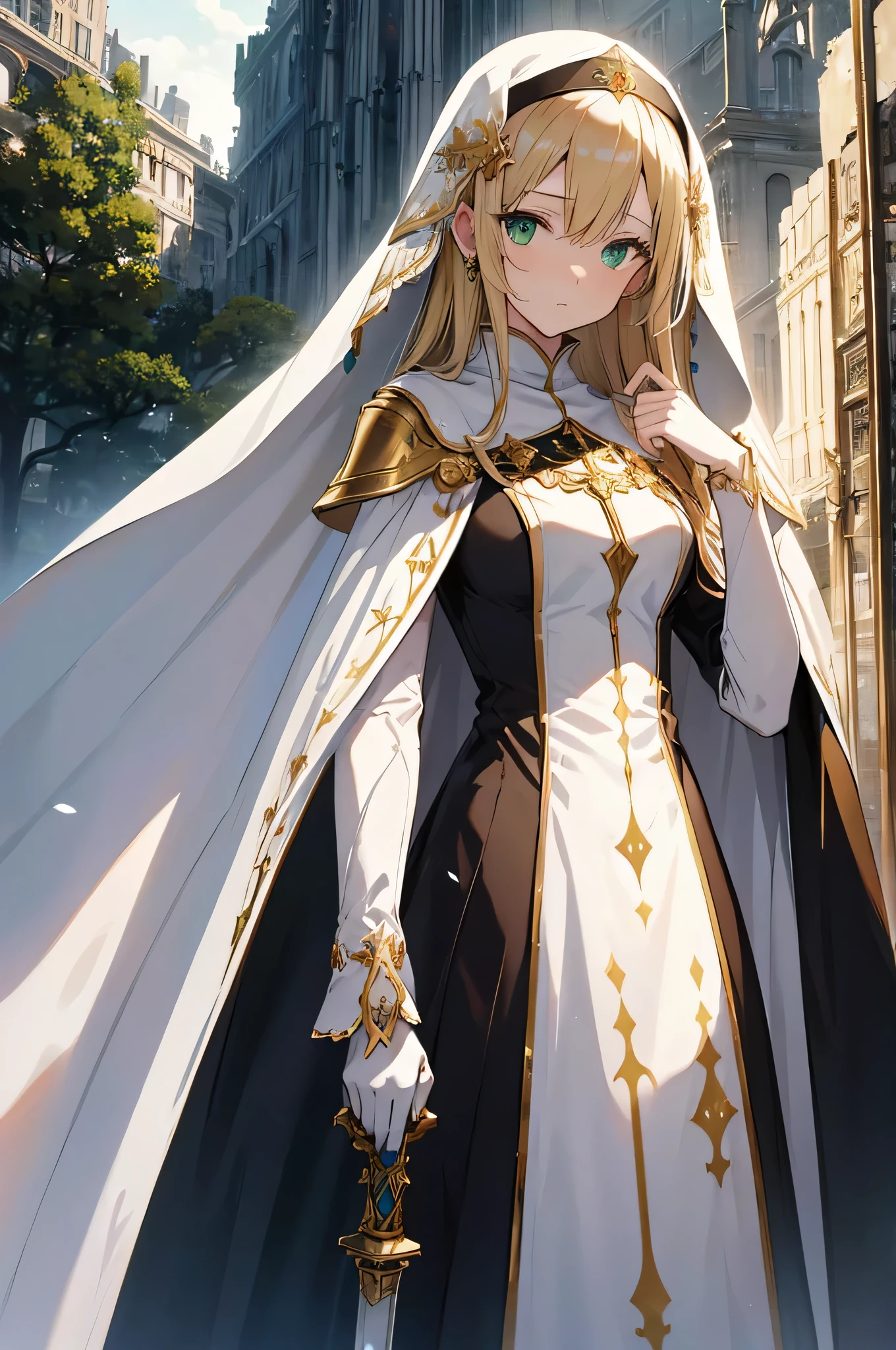 4k,High resolution,one woman,blonde,long hair,green eyes,nun,nunのドレス,white holy armor,white veil,jewelry embellishments,gold decoration,long sword,Ruined city of the future,End of the century,dusk sky