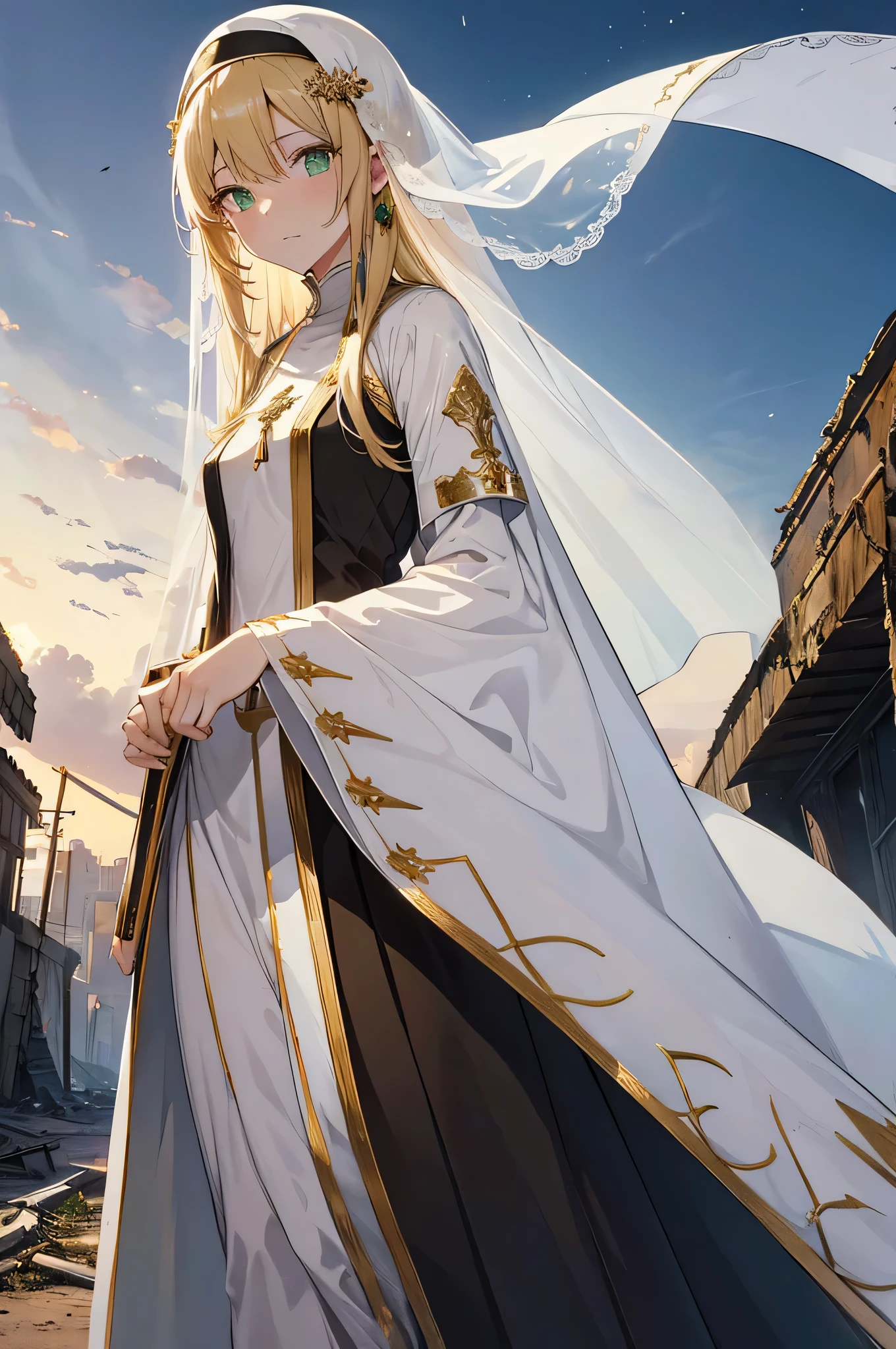 4k,High resolution,one woman,blonde,long hair,green eyes,nun,nunのドレス,white holy armor,white veil,jewelry embellishments,gold decoration,long sword,Ruined city of the future,End of the century,dusk sky