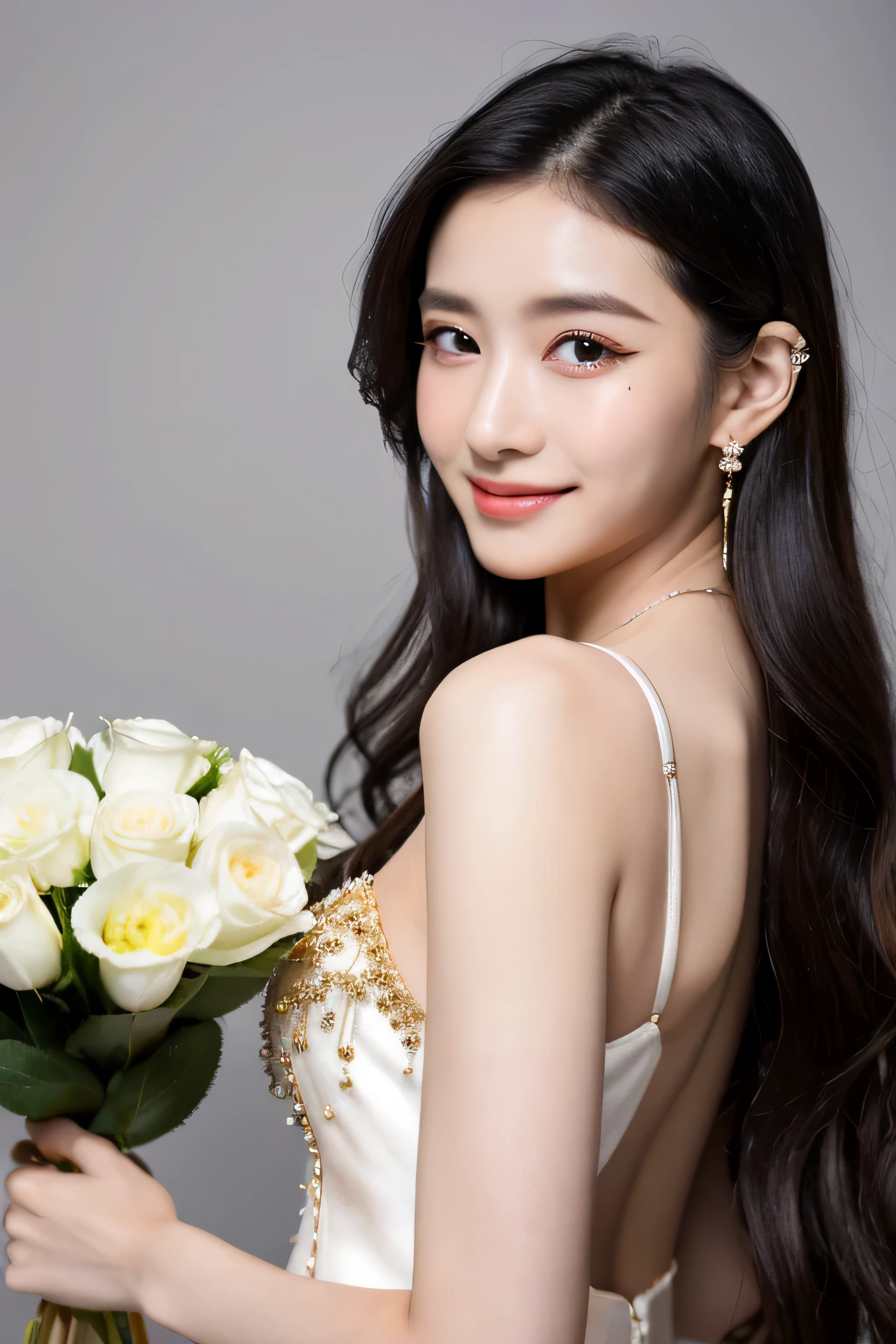 long hair, jewelry, heart-shaped pupils, mole under eye, earrings, shy, light smile, mouth hold, Verism, Pixar, close-up, UHD, retina, masterpiece, ccurate, anatomically correct, textured skin, super detail, high details, high quality, award winning, best quality, highres