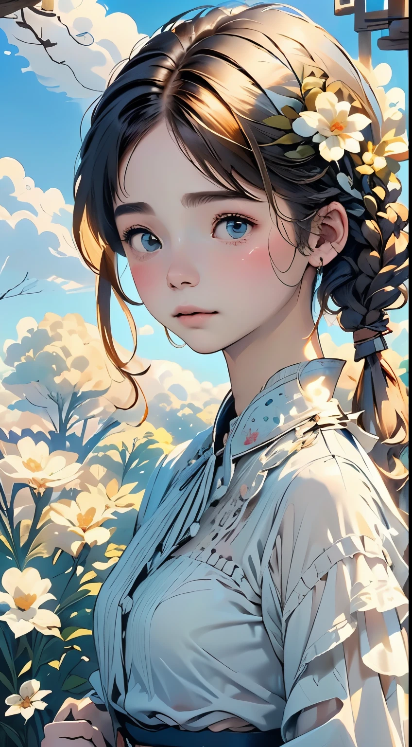 (((simple composition)))、(((The background is white clouds:1.1)))、one girl、perfect anatomy、painterly、sketch very delicate、fractal art、Floral、delicate depiction、Abstract、overall light color、gentle color、Taisho romance、(masterpiece、highest quality、highest quality、official art、beautiful beautiful:1.2)、