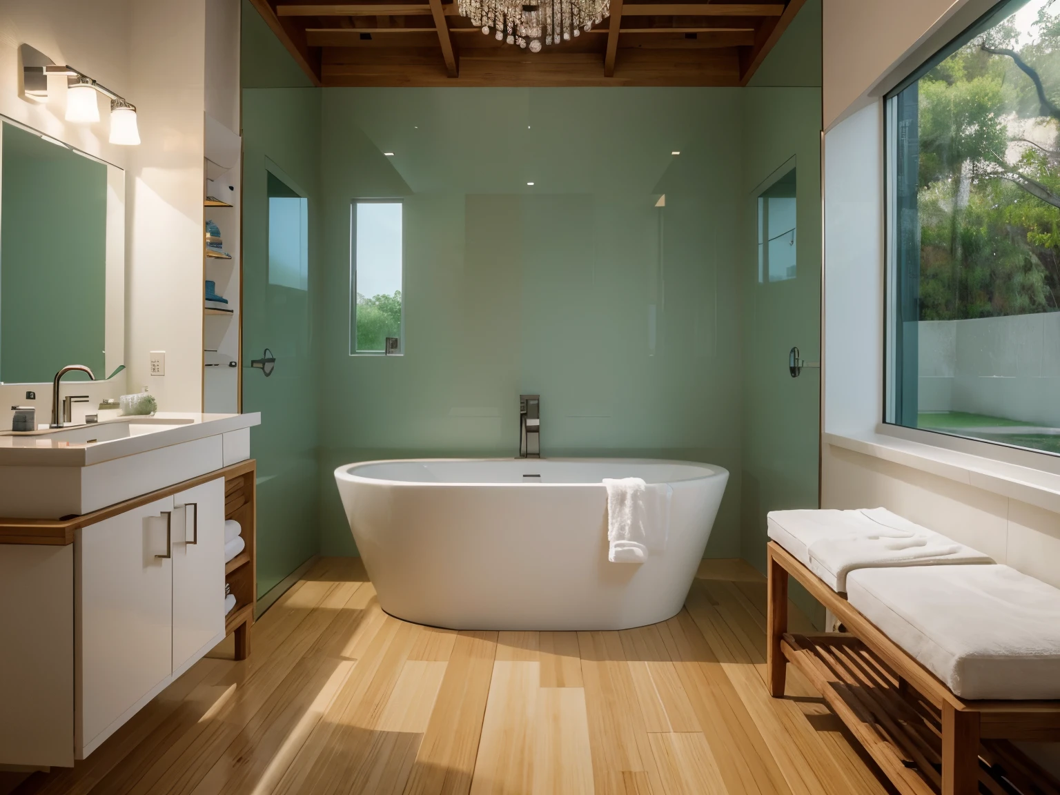 Editorial photography of a large luxury residential bathroom spa with a contemporary ceiling chandelier lighting fixture and adjacent walk-in closet changing area with bench and shelves, with a contemporary separated shower with rain showerhead and smart controls, green glazed tiles on the shower walls, a single sleek minimalist freestanding bathtub, sided-by-side double vanity made of quartz with minimalist bamboo cabinetry, comfortable chair with white terry cloth robe draped over, bamboo wood floor with a luxury bath rug, late afternoon, soft lighting, peaceful and calming atmosphere, clicked using Leica M10-R camera with wide angle lens and dichroic lens filter, aperture f/2.8, shutter speed 1/100s, rim lighting, composed using low angle