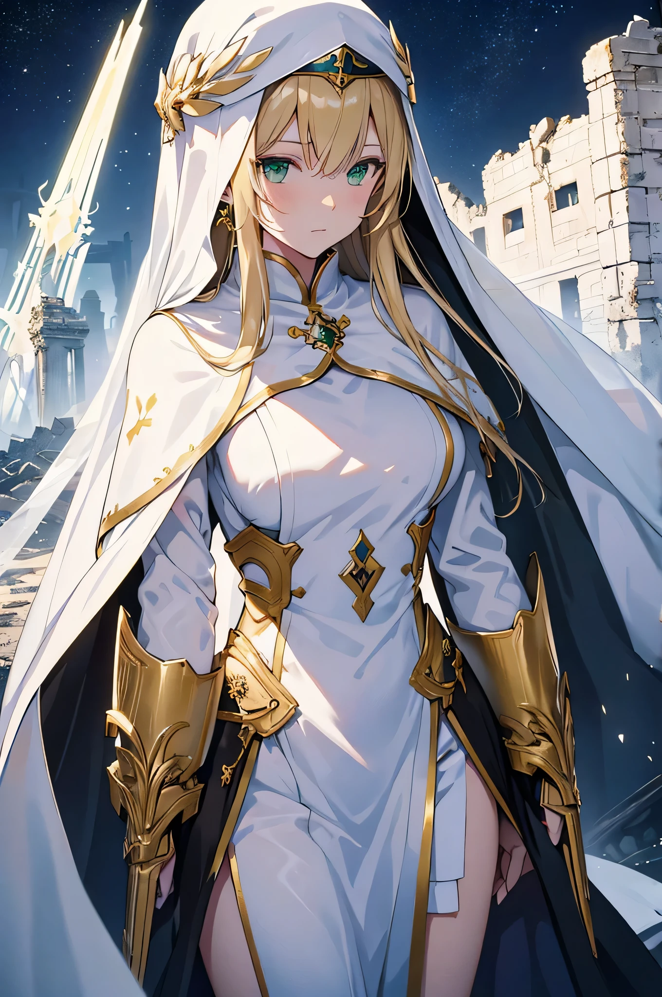 4k,High resolution,one woman,blonde,long hair,green eyes,nun,nunのドレス,white holy armor,white veil,jewelry embellishments,gold decoration,long sword,Ruined city of the future,End of the century,dusk sky