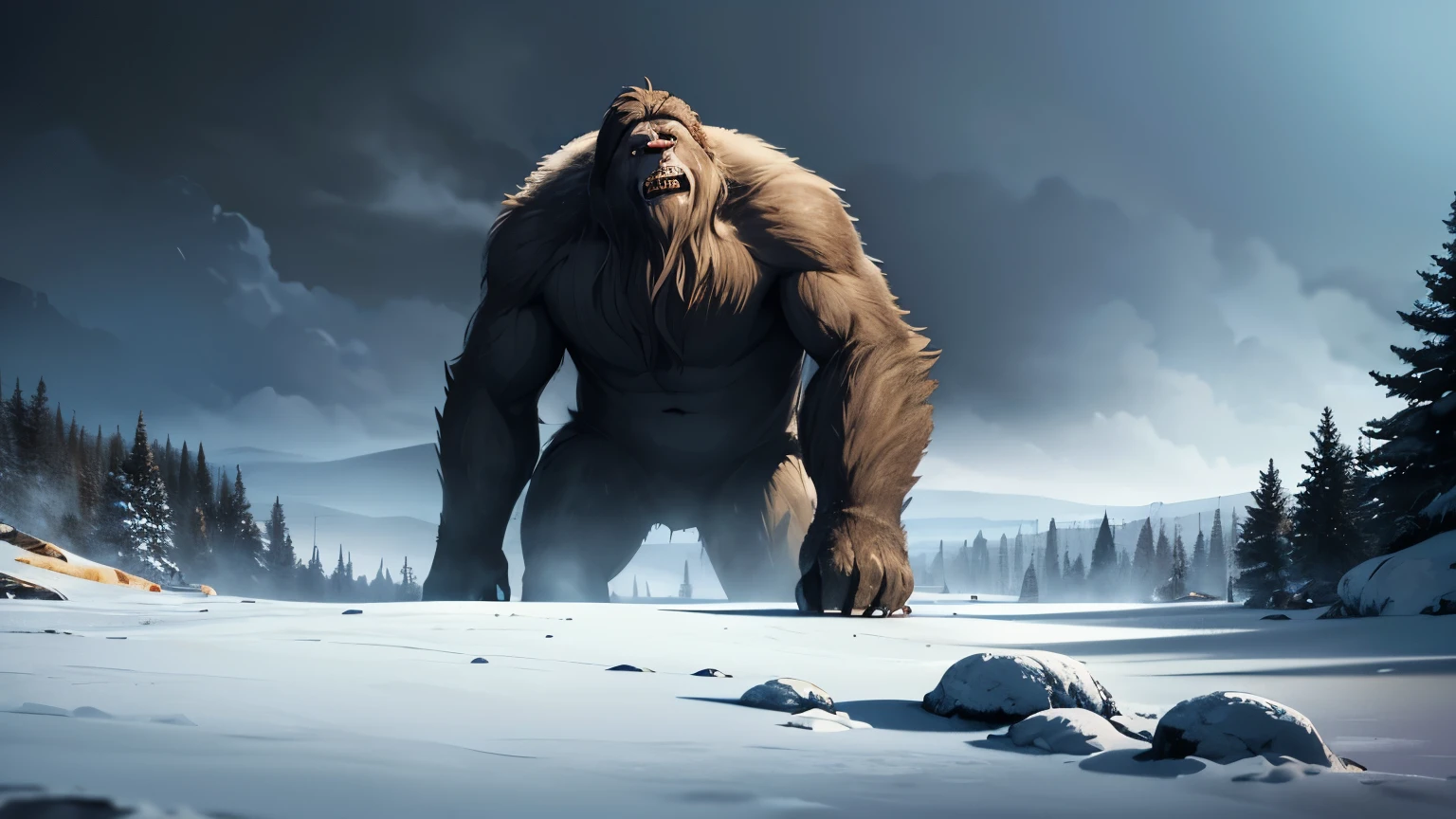 In a post-apocalyptic, winter landscape, a terrible sasquatch stands in front of its enormous cave, rocky and greyish stones, surrounded by snow and under a cloudy sky. The sasquatch creature in with the snow, creating a stark contrast against the desolate scene. The sasquatch's piercing, intelligent eyes and its expressive face exude a sense of both power and vulnerability. The weather-beaten cave entrance, covered in icicles and frost, adds a touch of scary to the scene. The snow-covered ground and leafless trees contribute to the overall bleakness, while the muted color palette enhances the sense of desolation. The dark lighting cast by the cloudy sky creates a gloomy atmosphere, further emphasizing the post-apocalyptic setting. The level of detail in the sasquatch's fur and the surrounding landscape is exceptionally high, enabling a truly immersive and realistic representation of this intriguing creature and its surroundings. The artwork is rendered in a photorealistic style, capturing every intricate detail with the best quality and resolution (4k, 8k, highres, masterpiece:1.2). The combination of the winter setting, the sasquatch's presence, the post-apocalyptic ambiance, and the photorealistic rendering creates a captivating and evocative image.