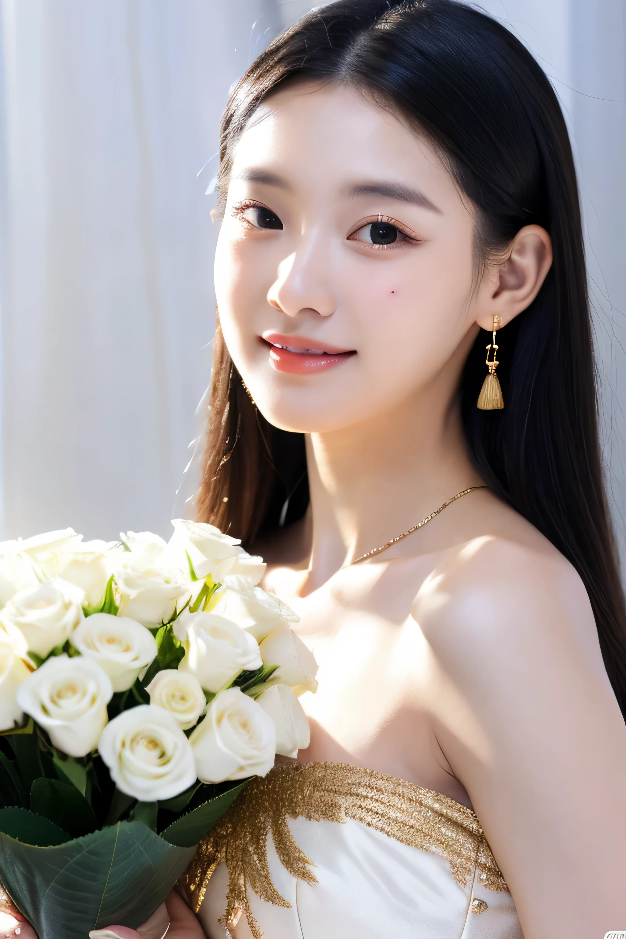 Black hair, hair bobbles, long eyeslashes, solid circle eyes, light grin smile, mole under eye, heart earrings, light grin smile, shy, wrinkled lips, hyperrealism, shadowy, stereogram, atmospheric perspective, Depth of field, One-person viewpoint, 8K, super detaill, ccurate, Best Quality, high resolucion, Best Quality, s whole body, stocklings, s whole body, UHD 4k, South Korea, Sorrisos, POV, f/1.8