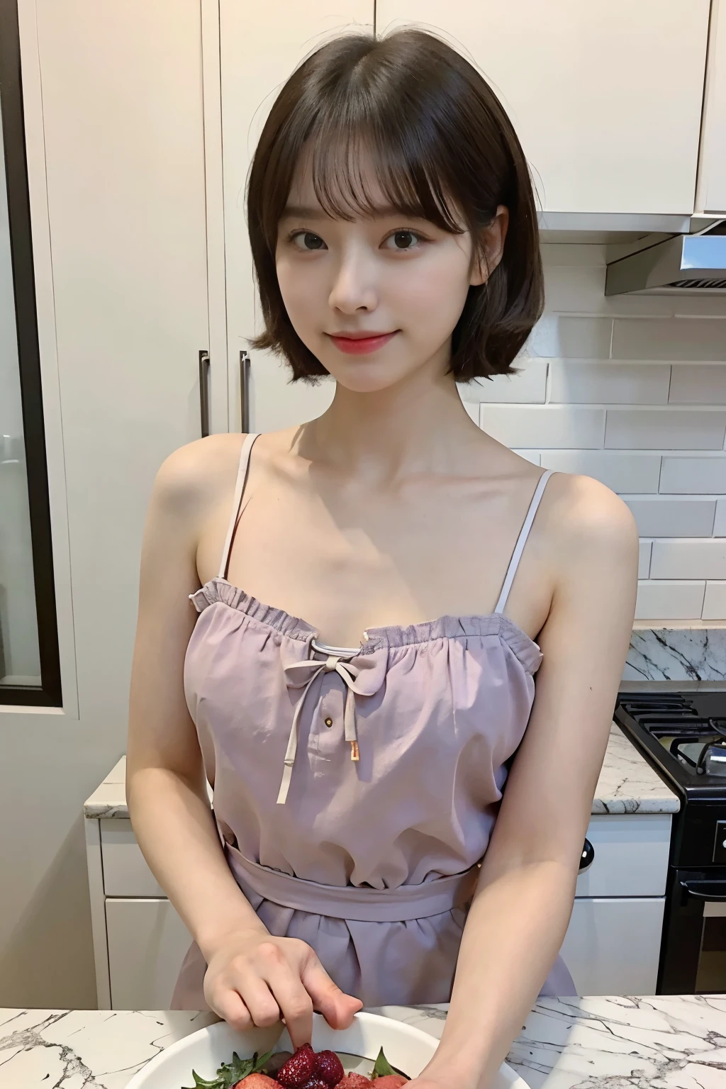 A woman is cooking in the kitchen、calligraphy、4K、highest resolution、masterpiece、top quality、cap:1.3、((Hasselblad Photos))、good skin、sharp focus、(cinematic lighting)、soft lighting、dynamic angle、[:(detailed face:1.2):0.2]、sweaty skin:1.2、(((in the kitchen))) cute smile　Viewer&#39;s Perspective, good size breasts,　Hair tying,　Stick out your forearm　The shoulders are sticking out.　Cleanliness,　spacious kitchen,　beautiful kitchen,　wine glass,　show me your ears, upper body nude