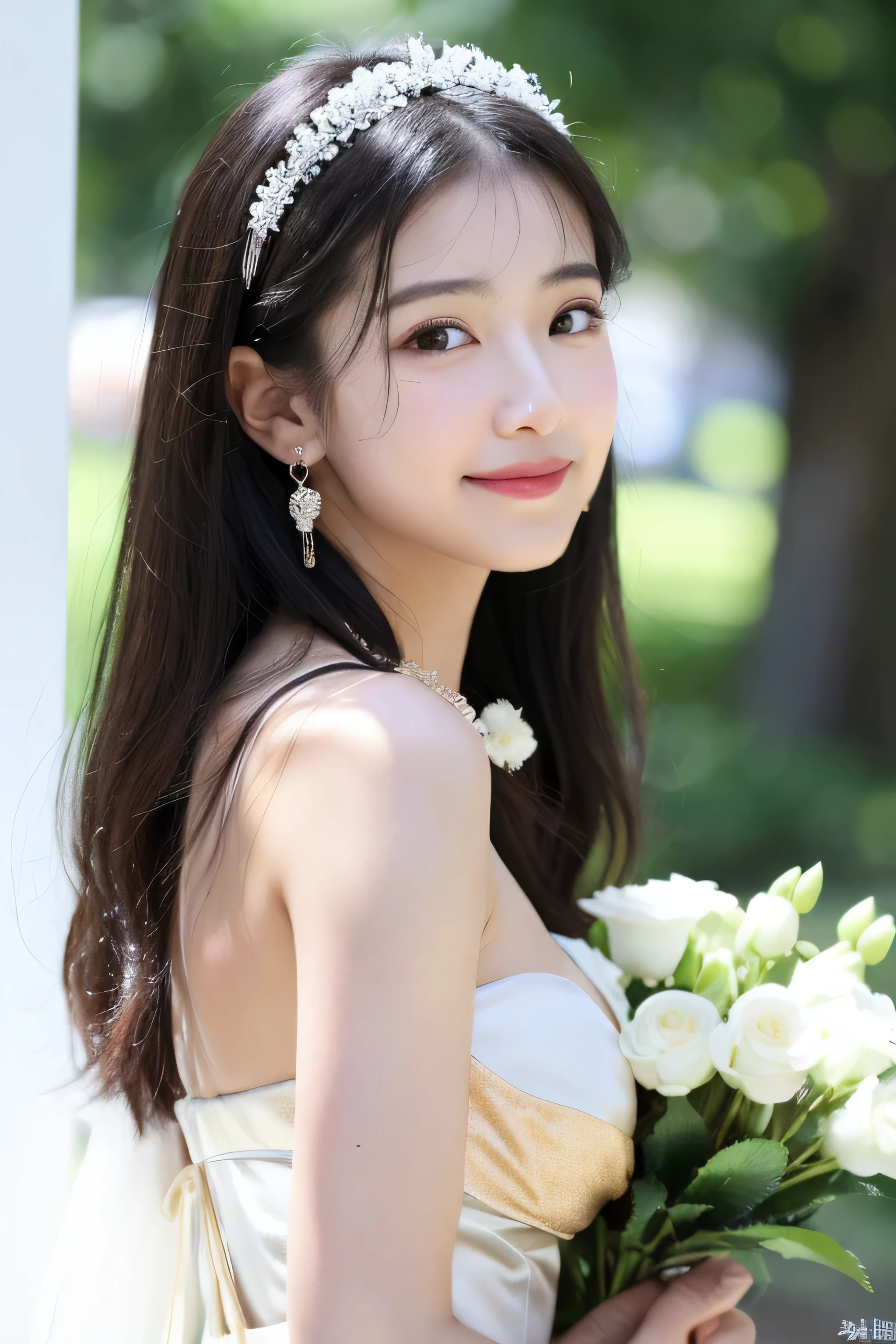 ((highest quality)), ((masterpiece)), (become familiar with), perfect face、8k、real photos、ultra high resolution, master parts, highest quality, ticker , cinematic images,nice girl、Ann、16 years old、Annグロサクソン人、eyes are purple、double eyelid、very垂れ目、(very, very大きな瞳:1.9)、dark eyeshadow、very薄い唇、The tip of your nose grows beautifully..、nose tip is small,,,,, very detailed ,silver hair、straight hair、very smiling、 sweet expression 、very beautiful woman、long legs、big breasts、 very clear shadows , jewelry , fine eyes, shiny skin , パーフェクトブリリAnnト, perfect sentence, dramatic shadow 、She wears a white see-through dress、Gold embroidery throughout the dress、white high heels、white tiara on head、gold necklace、angel wings on the back、holding a bouquet of flowers in both hands