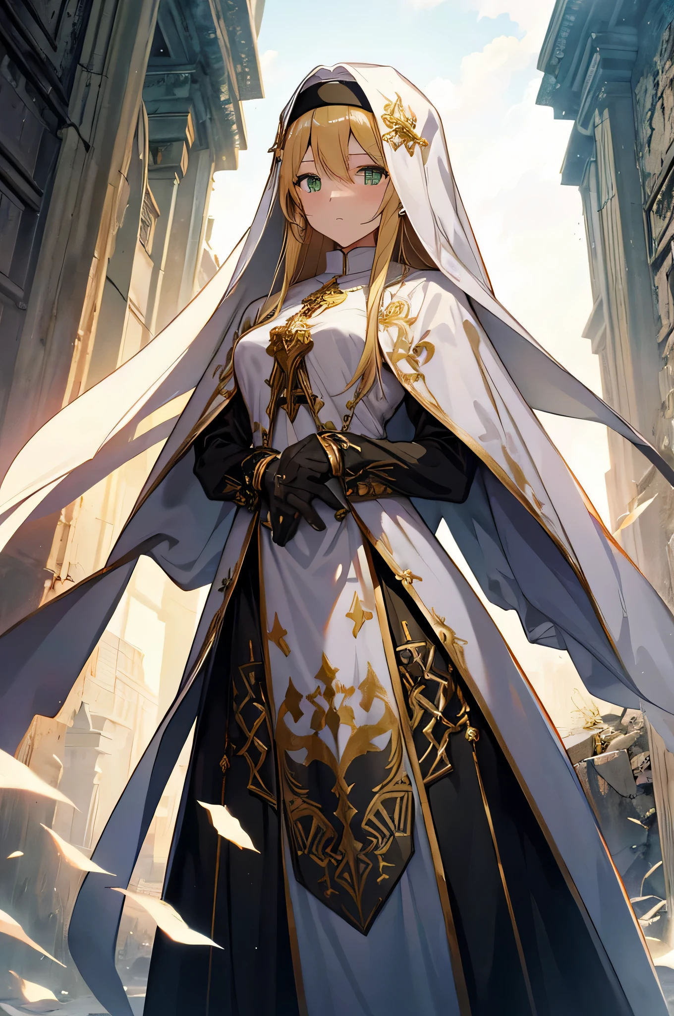 4k,High resolution,one woman,blonde,long hair,green eyes,nun,nunのドレス,white holy armor,white veil,jewelry embellishments,gold decoration,long sword,Ruined city of the future,End of the century,dusk sky