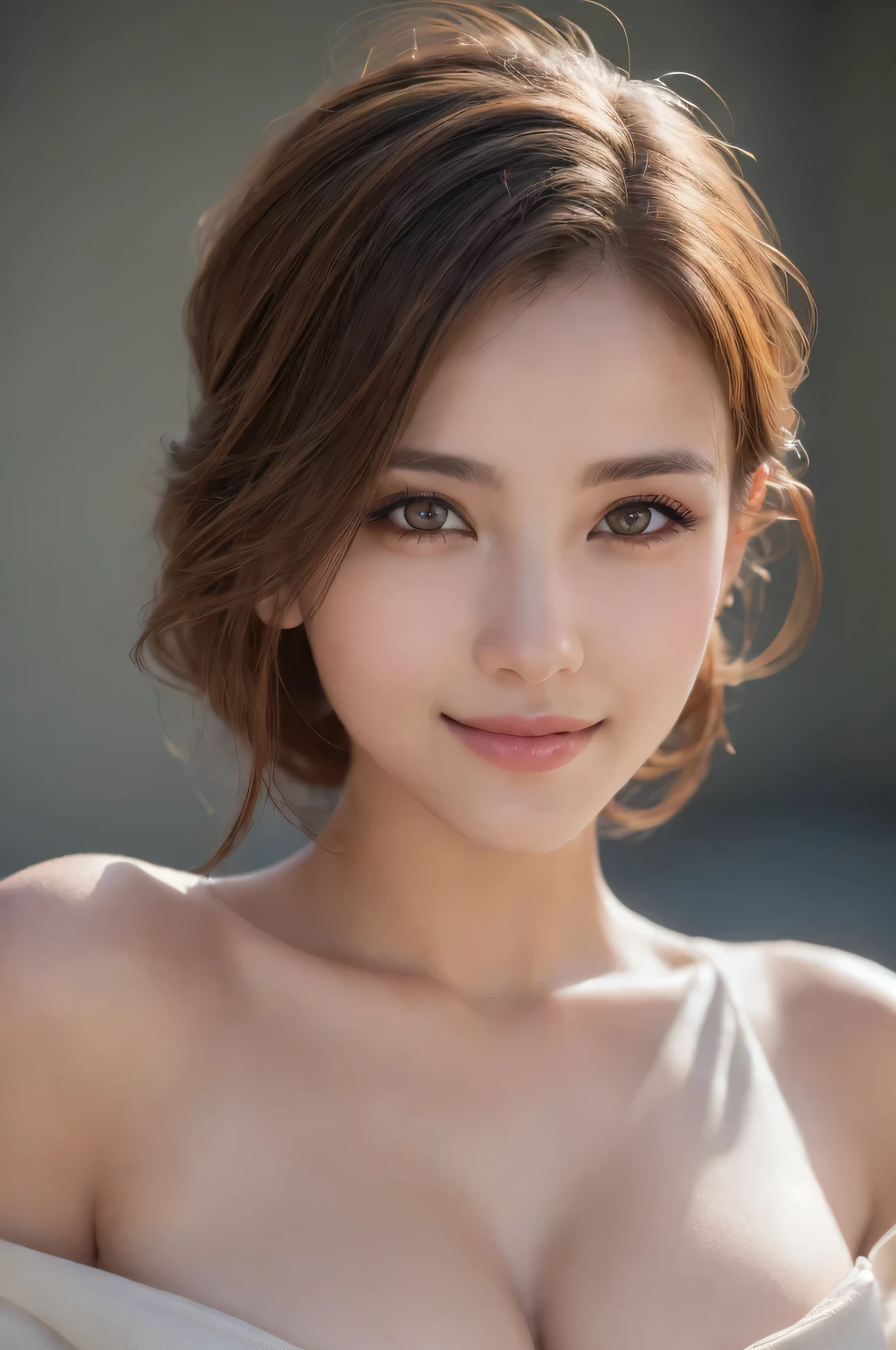 (1girl), (Ultra realistic, high res), (highly detailed eyes, highly detailed hair, highly detailed face, highly detailed plump lips), (off shoulder with open breasts), breasts, upper body, caute smile, (best quality:1.4), Raw photo, (realistic, photo-realistic:1.37), professional photography, cinematic light, (fine face: 1.2), (view from above),