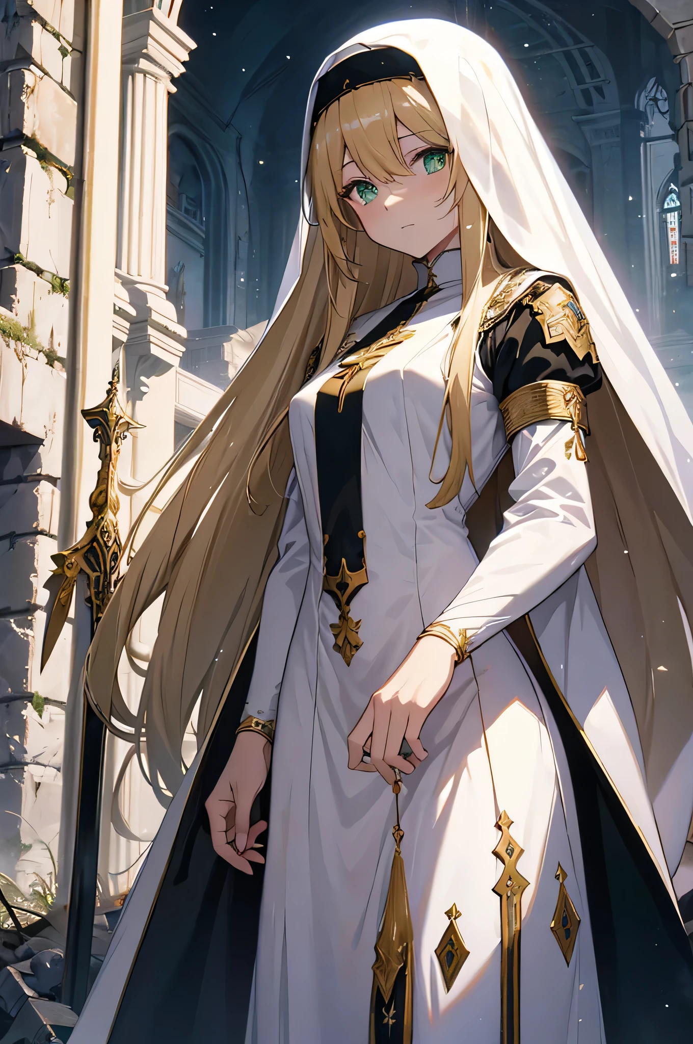 4k,High resolution,one woman,blonde,long hair,green eyes,nun,nunのドレス,white holy armor,white veil,jewelry embellishments,gold decoration,Holy sword,Ruined city of the future,End of the century,dusk sky