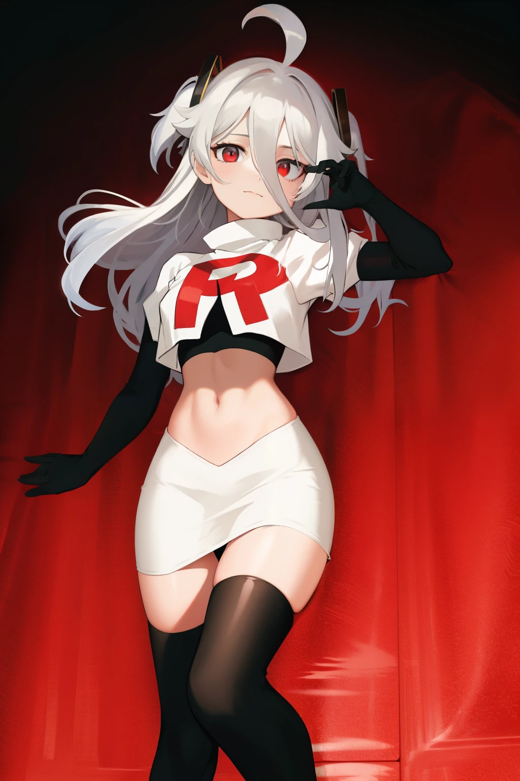 (absurdres, absurd resolution, highres, high resolution, best quality, masterpiece:1.1)
(solo, 1girl)
henya the genius, vshojo, team rocket,team rocket uniform, red letter R, white skirt,white crop top,black thigh-highs,black elbow gloves