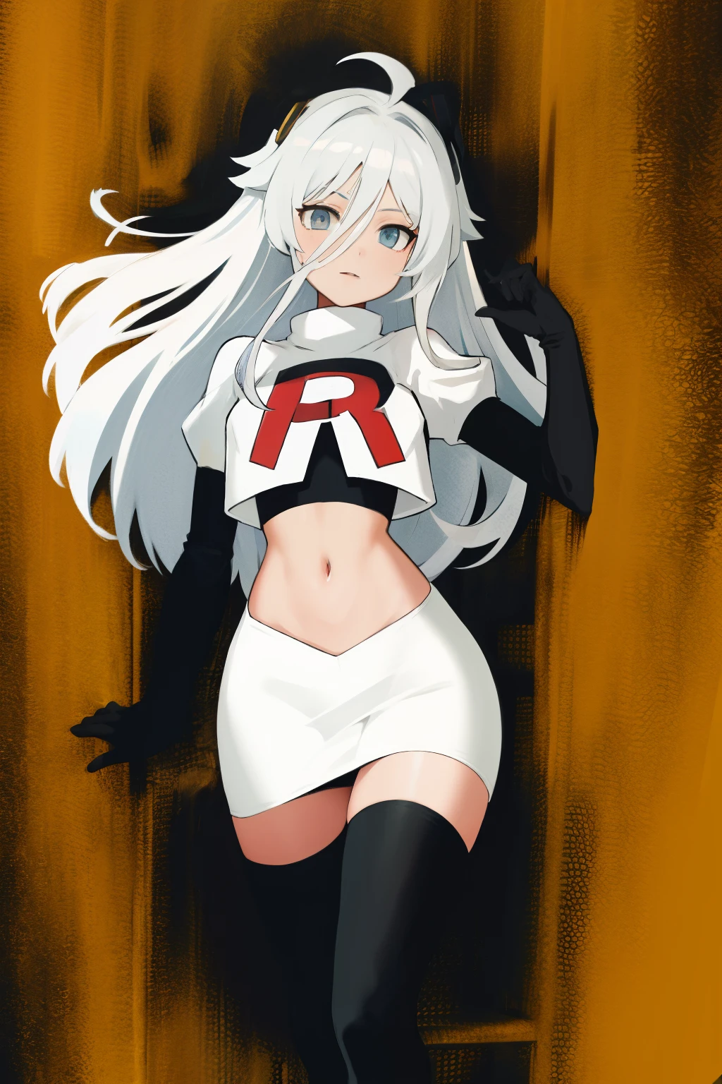 (absurdres, absurd resolution, highres, high resolution, best quality, masterpiece:1.1)
(solo, 1girl)
henya the genius, vshojo, team rocket,team rocket uniform, red letter R, white skirt,white crop top,black thigh-highs,black elbow gloves