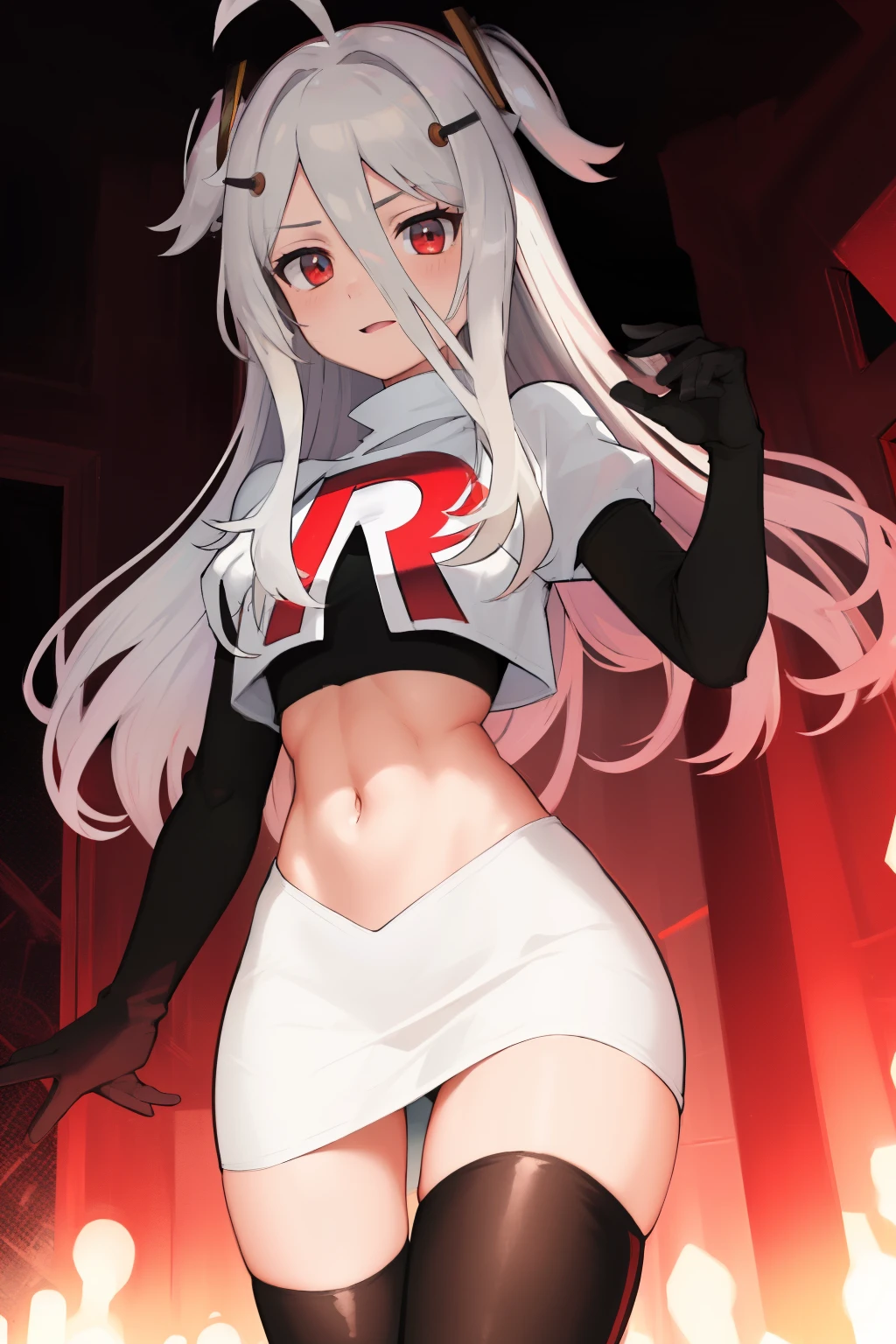 (absurdres, absurd resolution, highres, high resolution, best quality, masterpiece:1.1)
(solo, 1girl)
henya the genius, vshojo, team rocket,team rocket uniform, red letter R, white skirt,white crop top,black thigh-highs,black elbow gloves