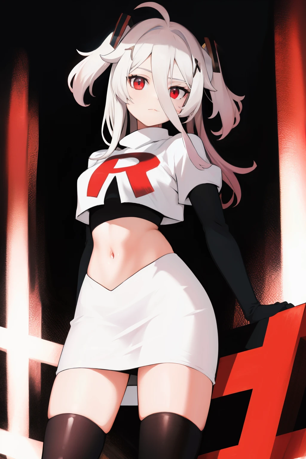 (absurdres, absurd resolution, highres, high resolution, best quality, masterpiece:1.1)
(solo, 1girl)
henya the genius, vshojo, team rocket,team rocket uniform, red letter R, white skirt,white crop top,black thigh-highs,black elbow gloves