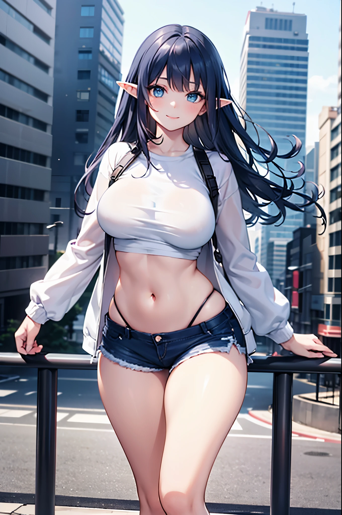 realistic image, coherent image, detailed image, 1 beautiful elf, She has long dark blue hair, long eyelashes. Greenish blue eyes. Her face is oval and delicate, smiling. She is wearing a long-sleeved t-shirt, showing her navel, ripped shorts, and sneakers. She has a curvy body, medium breasts, thick thighs, urban background, surrounded by buildings, natural lighting, volumetric lighting,