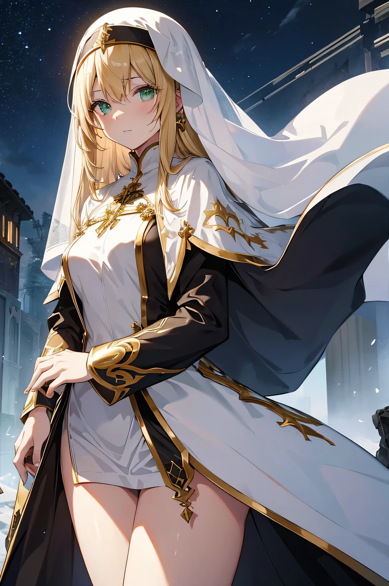 4k,High resolution,one woman,blonde,long hair,green eyes,nun,nunのドレス,white holy armor,white veil,jewelry embellishments,gold decoration,long sword,Ruined city of the future,End of the century,dusk sky