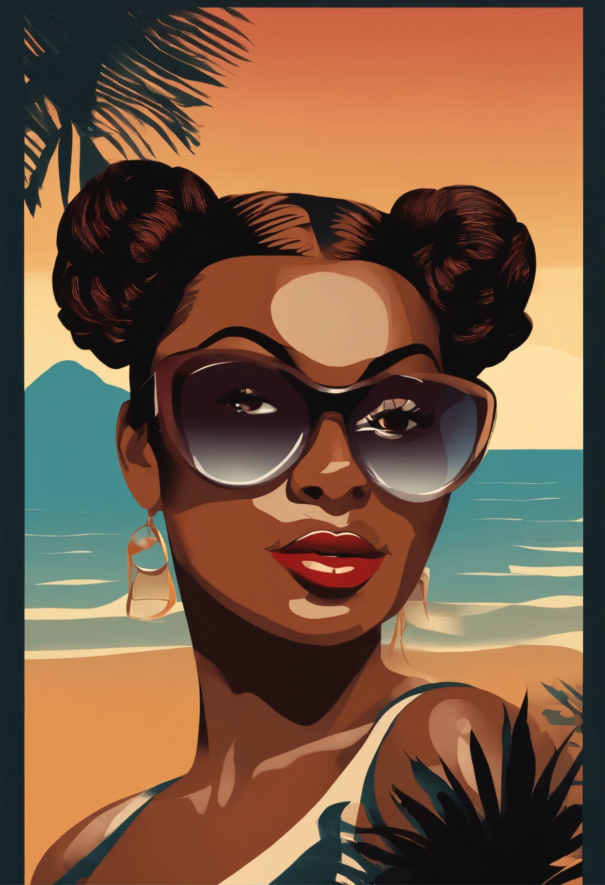 Sunset Experience Icon, Zouk Tiki Tropical Sunset: dance, UX, UI, with VR vision red yellow colorful logo, minimalist logo illustration of vector art of an black woman head, front facing, magic, sharp design, smooth, monochromatic colorful, dark magic splash, t-shirt design, in the style of Studio Ghibli, The design should be in vector art, showcasing . Use Adobe Illustrator to craft the logo with crisp lines and a simple yet captivating look. Keep the design centered on the cat's eyes, capturing their uniqueness and charm. The logo should evoke a sense of sophistication and tranquility. Emphasize a low-poly style to add a touch of uniqueness to the hair . The overall aesthetic should be sleek and stylish, making it suitable for branding and logo purposes, white brackground