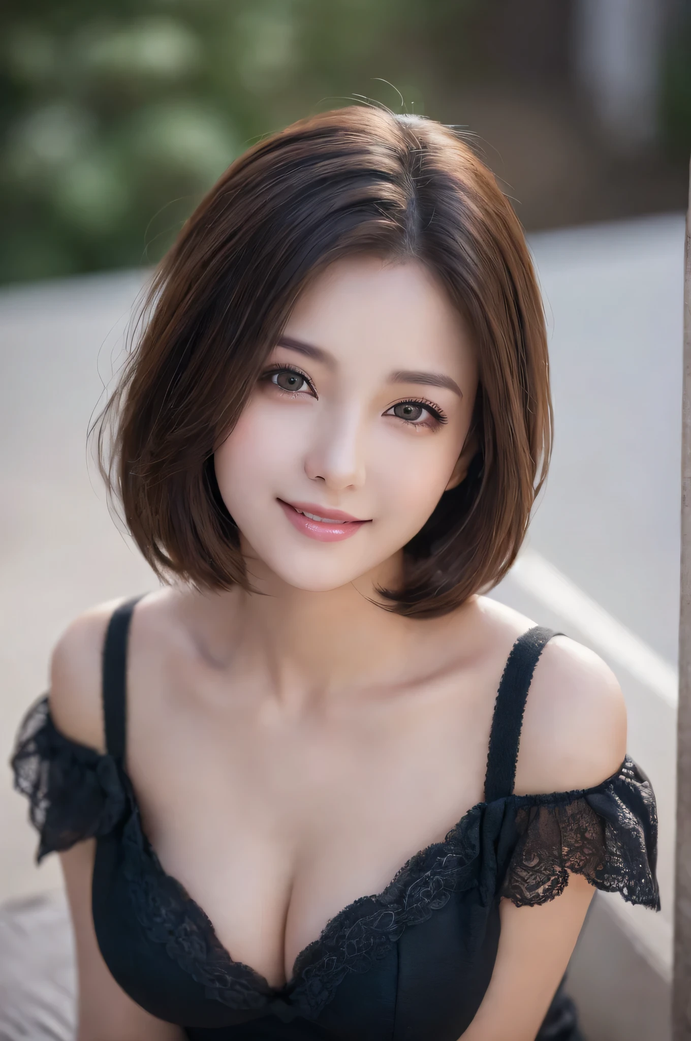 (8k, RAW Photos, highest quality, masterpiece, Realistic, Realistic), (1 female), (Ultimate beauty), Highly detailed face, (Perfect Teeth), Beautiful Eyes, double eyelid, eyelash, smile, Lip details, Brunette Bob, The light shines on your face, Big Breasts, ((T-Shirts)), (Upper Body), (background: garden), ((Written boundary depth))