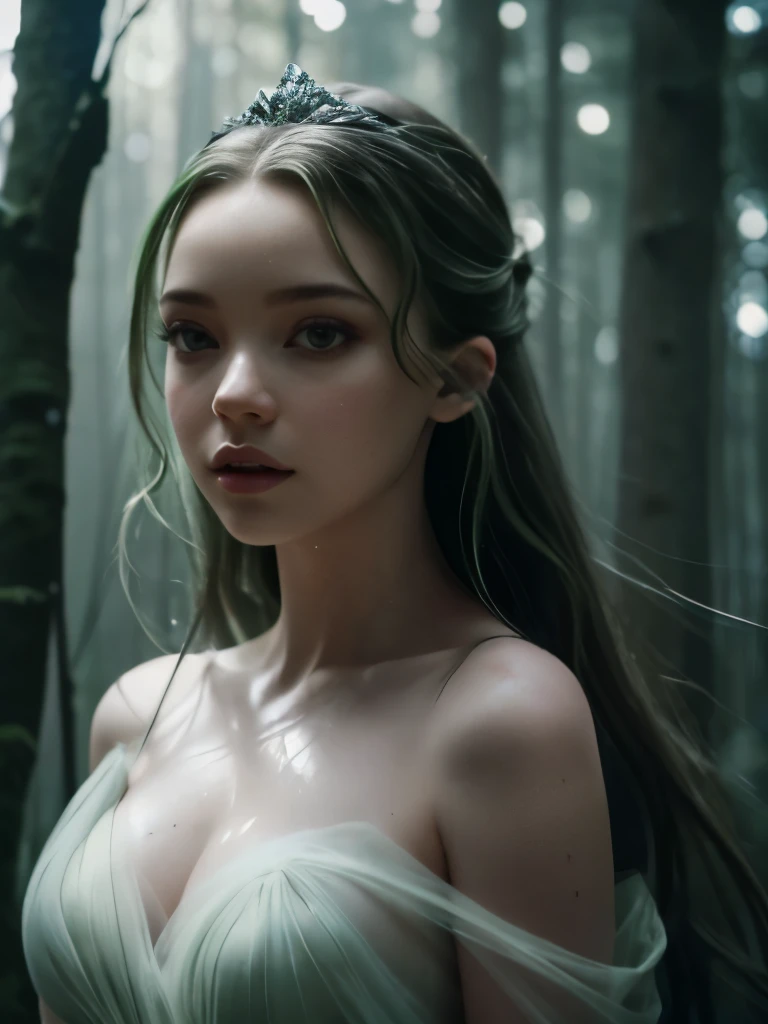 Fotografia ultra realista de corpo inteiro sem cortes de Sydney Sweeney vestindo uma manta branca transparente e molhada que permite ver as custas do seus corpo por baixo do tecido, cintura fina, pernas lindas,  por baixo do tecido fino molhado, She is in a forest at night and it is raining heavily making her completely wet, Loira de olhos verdes e cabelo branco curto, She's skinny, tem seios pequenos, pele ultra realista e detalhada, olhos verdes, cabelo molhado, pele molhada, rosto molhado, roupa molhada, tecido tule transparente, safada e provocante, (low lighting, Loira de cabelo branco curto ). Seios pequenos, hands covered by presta gloves, Uma mulher magrinha, fotografia profissional, cintura fina, quadril fino, ultra realista detalhado, rosto pequeno europeia, pose sexy. (ultra realistic and detailed photography, best quality, realistic photography style, sexy, cinematic effect, ultra realistic and detailed cracked skin, slim waist, provocative pose. Blurred background highlighting the character of a sensual nurse, high shadow curve, maximum sharpness , full HD resolution, photography with wide-angle lens, f1.2 background blur, dark vignette, highlighted shadows).(Rosa fosco、light particles),(estilo de paul rubens e rebecca guay:1.1)[Ana de armas : Natalie Portman : 0.7],(obra de arte, retrato:1.2), ((Realisticidade: 1.2)), ((best resolution: 16K, ultra hd,bokeh)). Pele congelada, pale, olhos verdes brilhando no escuro, symmetrical small face, cabelo brancos, ar frio e gelado, Sydney Sweeney como uma ninfa da floresta, fog giving an air of mystery, estilo fantasia, tecido tule molhado sobre sua pele molhada. 