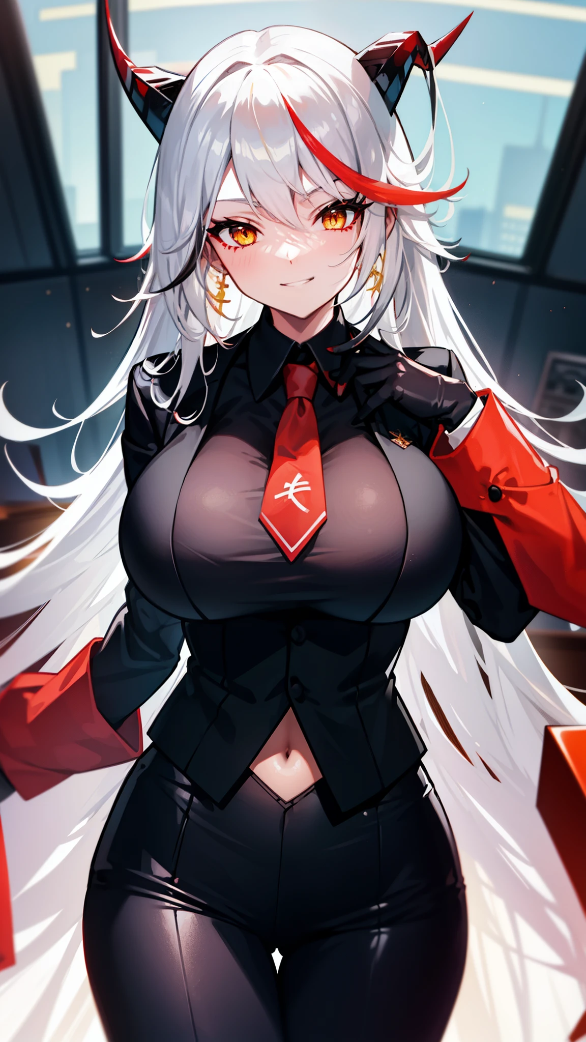 closed mouth, huge breasts, looking at the audience, white hair,,long hair,black horn,red multicolored hair,yellow eyes,,,,office lady,office room,standing,slim,business suit　,cowboy shot,,office lady,business suit,1 office worker,an office worker,necktie,grin