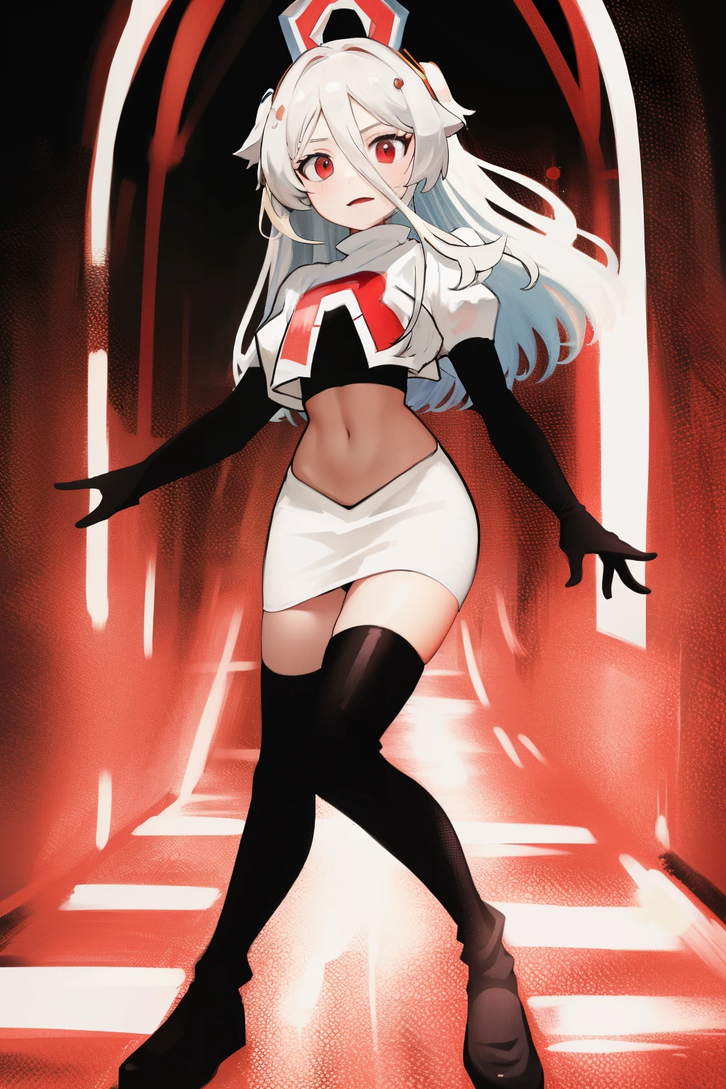 (absurdres, absurd resolution, highres, high resolution, best quality, masterpiece:1.1)
(solo, 1girl)
henya the genius, vshojo, team rocket,team rocket uniform, red letter R, white skirt,white crop top,black thigh-highs,black elbow gloves