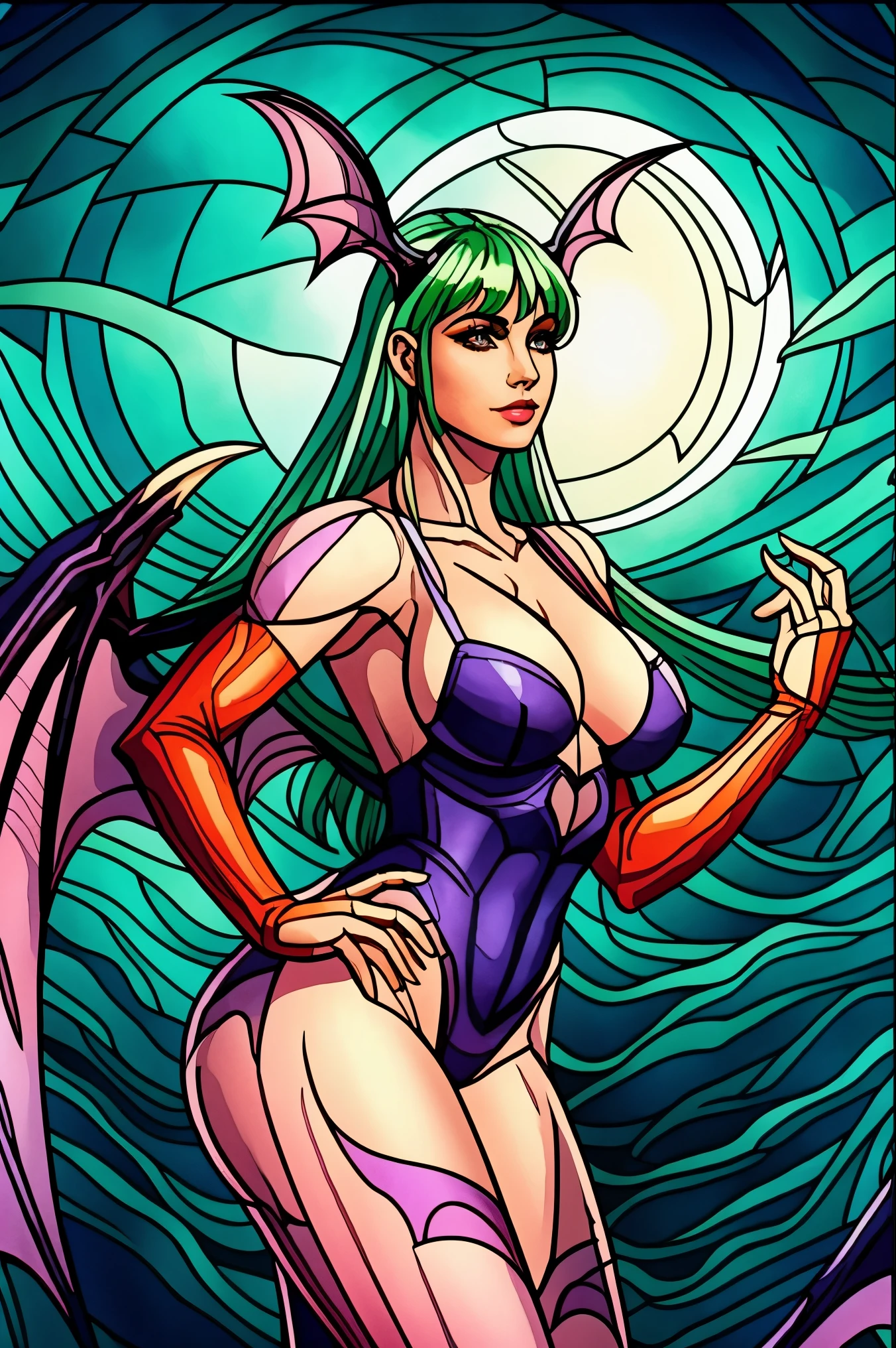 ((Morrigan Aensland feita em vitral)), (cabelo em vidro verde), cabelo verde, olhos em vidro verde, detalhes em plumas brancas em vidro branco, (purple tights in purple glass), (asas de morcego nas costas da Morrigan Aensland feitas de vidro preto e as membranas das asas de morcego feitas com vidro roxo), (Bat wings on Morrigan Aensland&#39;s head), meiô therefore, botas de cano curto pretas feitas com vidro preto, vitral dentro de interior de castelo.