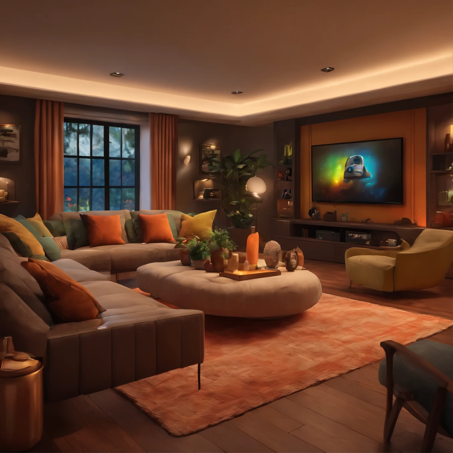Desenho em estilo 3D da Pixar casa sala tv noite
