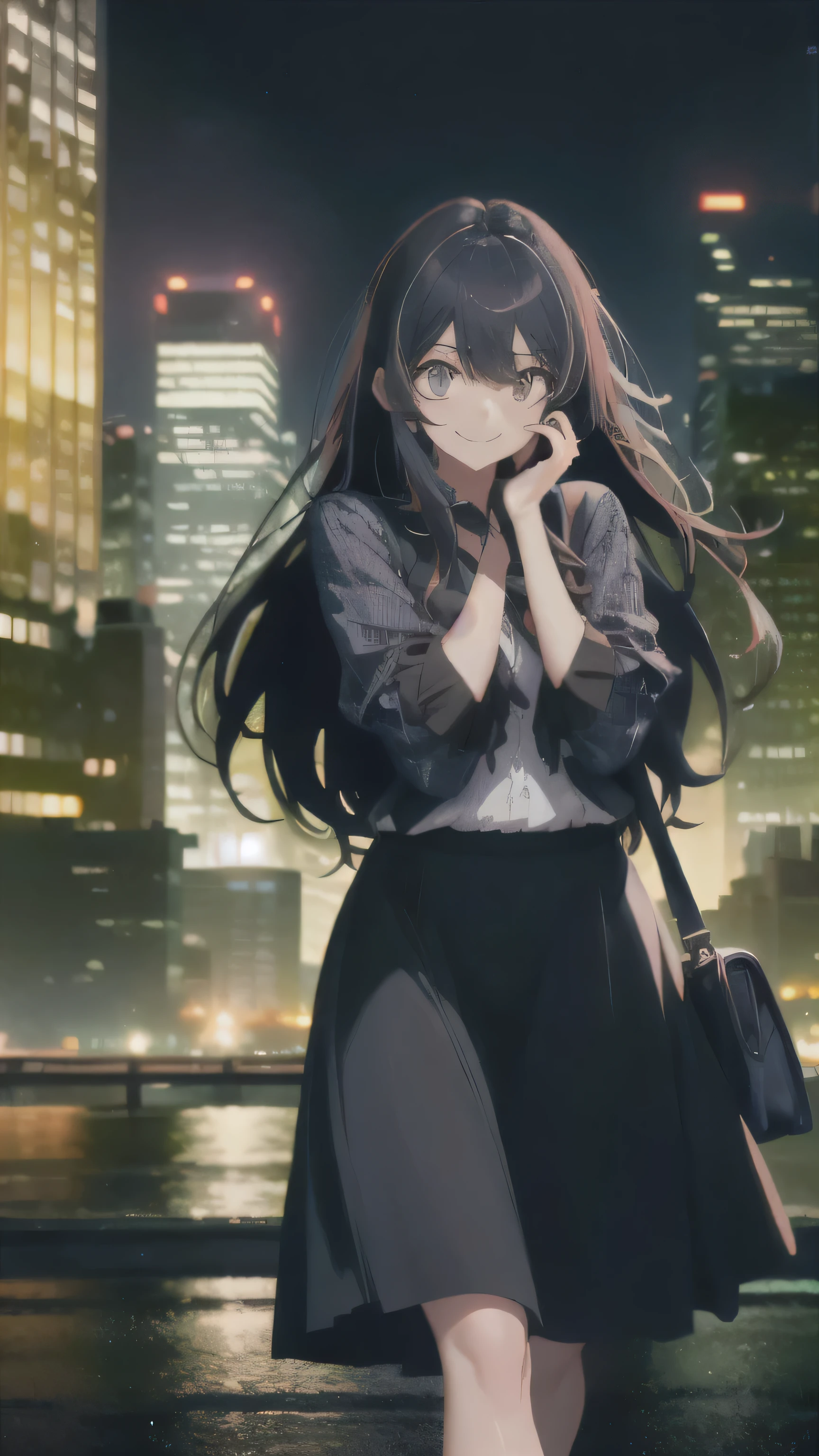 In the heart of the bustling city, a girl dressed in a black skirt and a blue blouse with the sleeves rolled up, exposing a peek of her fair forearms, is standing alone on the sidewalk. Her long, wavy black hair falls over her shoulders and frames her face, some strands cascading down between her eyes. The cityscape behind her is a mesmerizing blend of towering skyscrapers and multicolored lights, each building an impressive structure of glass and steel. The sounds of the city hum around her, yet her gaze is fixed on the viewer with a warm, inviting smile.

The scene is set against the backdrop of night, with the warm glow