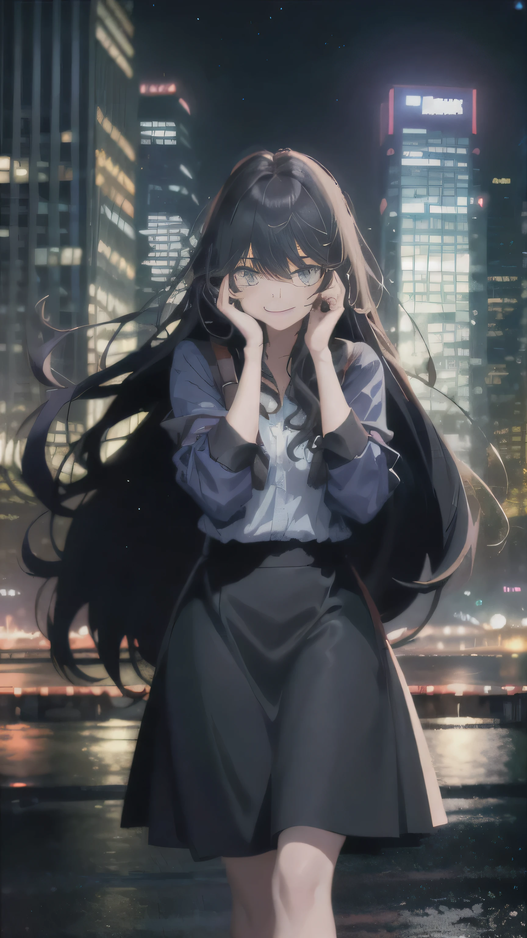 In the heart of the bustling city, a girl dressed in a black skirt and a blue blouse with the sleeves rolled up, exposing a peek of her fair forearms, is standing alone on the sidewalk. Her long, wavy black hair falls over her shoulders and frames her face, some strands cascading down between her eyes. The cityscape behind her is a mesmerizing blend of towering skyscrapers and multicolored lights, each building an impressive structure of glass and steel. The sounds of the city hum around her, yet her gaze is fixed on the viewer with a warm, inviting smile.

The scene is set against the backdrop of night, with the warm glow
