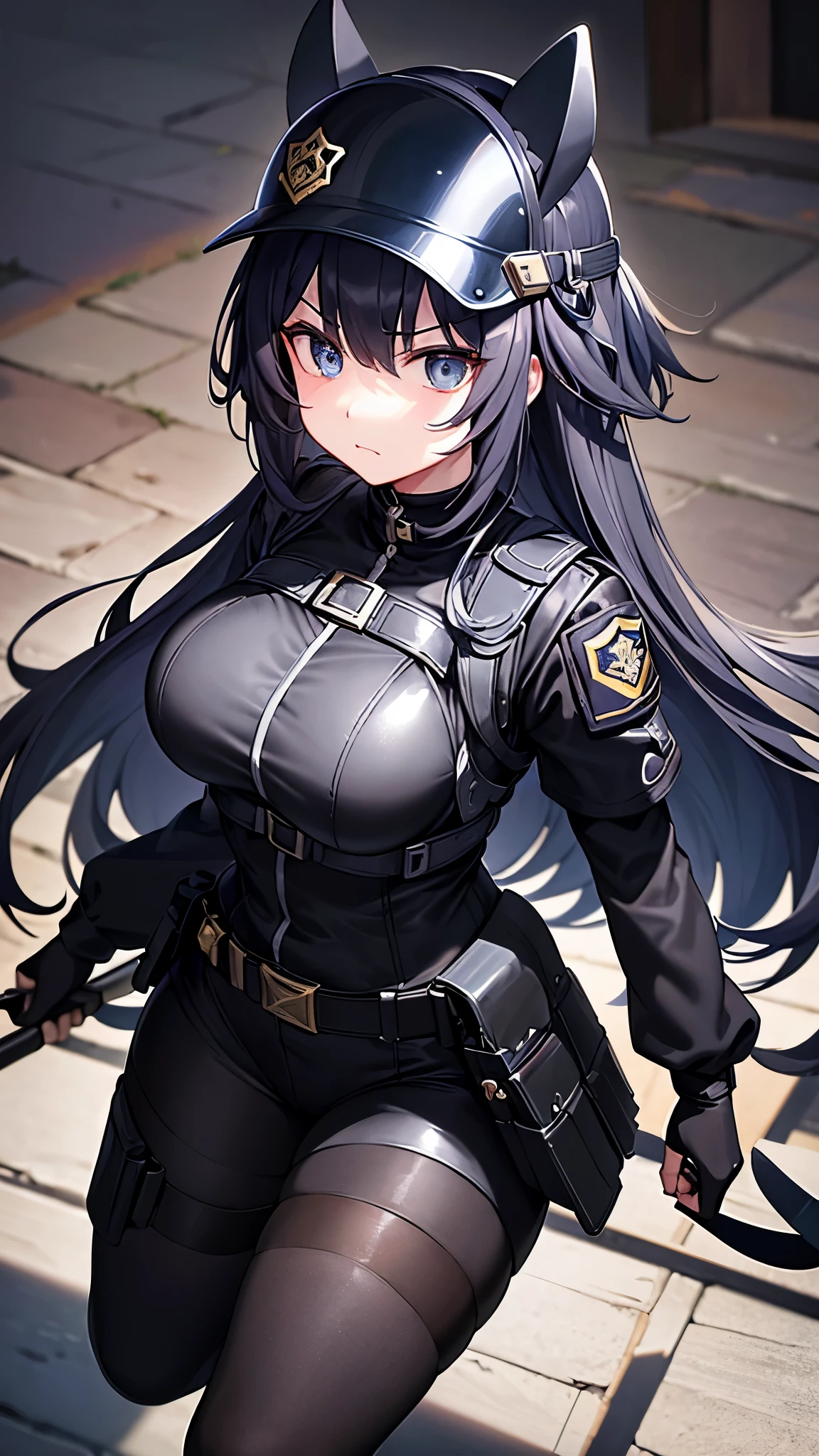 masterpiece, highest quality, super detailed、1 girl、police officer、長いblack髪、Helmet、blackい瞳、angry face、narrow eyes、big breasts、black body suit、whole body、black pantyhose、whole body、standing、black boots、belt Large buckle、holster、High leg、bulletproof vest、Helmet、full face gas mask、goggles
