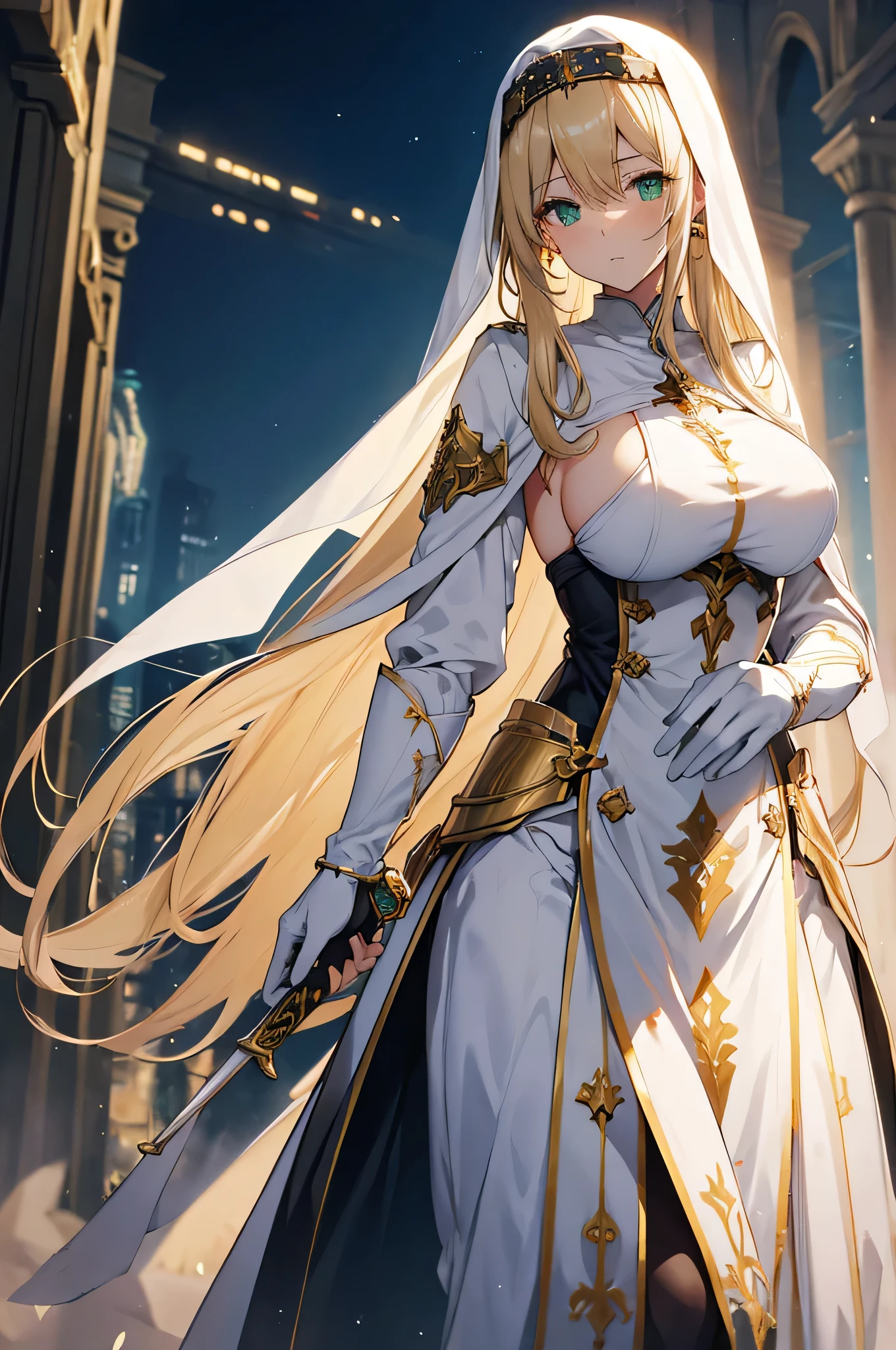 4K,High resolution,One Woman,Blonde,long hair,Braid,Green Eyes,Big Breasts,Nuns,White sacred armor,Sideboob,White boots,White Veil,Black tights,Jewelry decoration,Gold decoration,Long sword,Medieval town,In front of the church,Daytime Sky