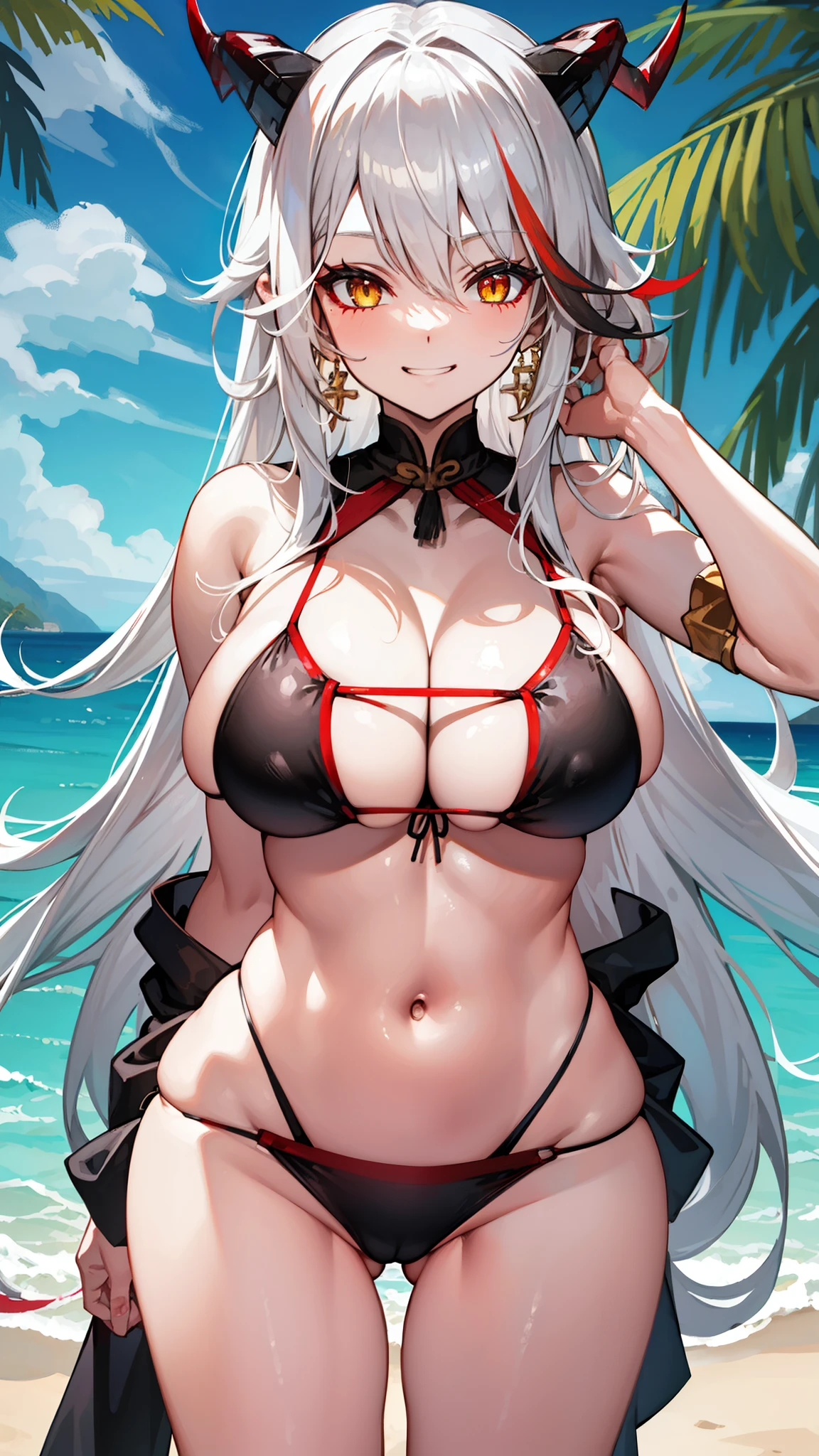 closed mouth, huge , looking at the audience, white hair,,long hair,black horn,red multicolored hair,yellow eyes,,resort beach,standing,slim, ,cowboy shot,,grin,bikini,navel