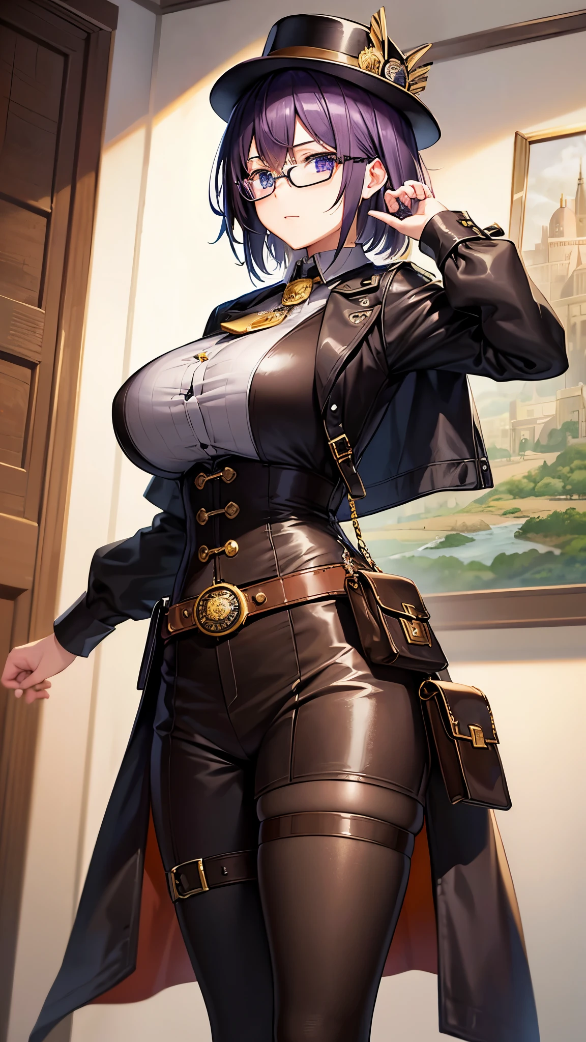 masterpiece, highest quality, super detailed、1 girl、steampunk、短いblack髪 purple inner color、leather silk hat brassメダル、big breasts white dress shirt Open your chest、leather brown jacket gold button belt、golden decoration、leather dark brown half pants golden medal、short hair、whole body、standing、leatherロングブーツ、waistbelt Large buckle、waist leather pouch、waist holster、black knee high socks、big watch、pocket watch、industrial revolution cityscape、brass、telescope、Glasses