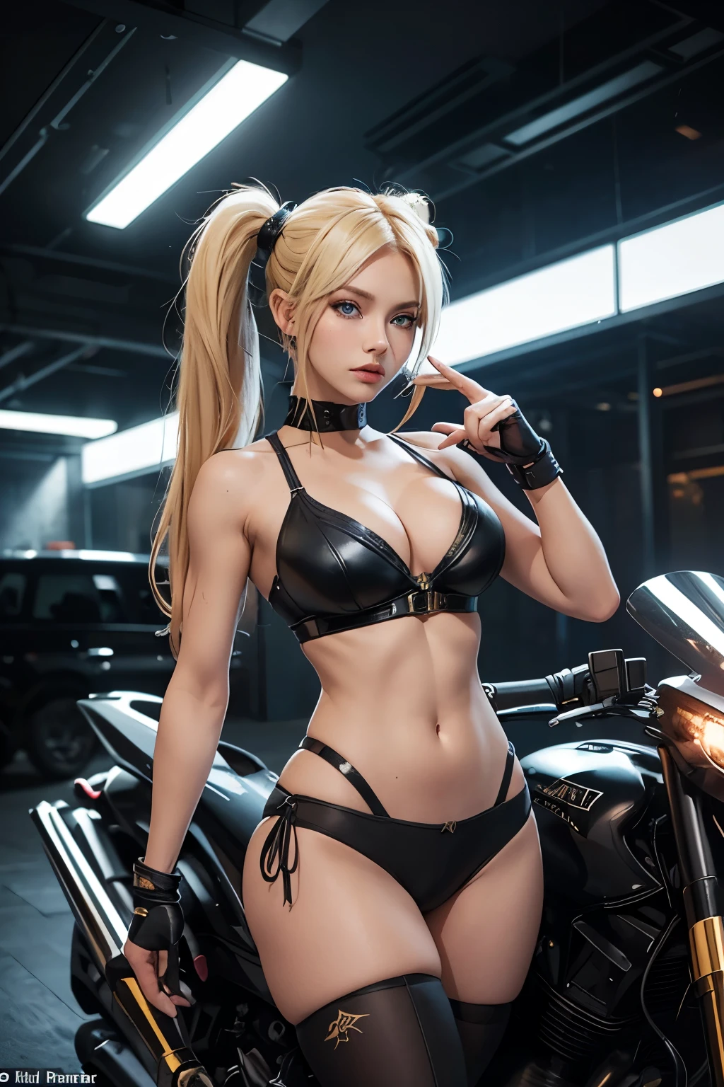 A seductive blonde woman, with long pigtails and radiant blue eyes, rides on a futuristic Bull-phoenix-chimera hybrid-motorcycle in the atmospheric background of World War 5.0. She wears a black bra that accentuates her curvaceous figure, revealing her toned abs and sculpted physique. In one hand, she grips a shotgun, ready to defend herself against any adversary. Behind her back, tucked discreetly into her belt, is a lethal karambit – a curved dagger used for close combat. The scene is rendered in an auto-realistic Korean style, capturing every minute detail with stunning