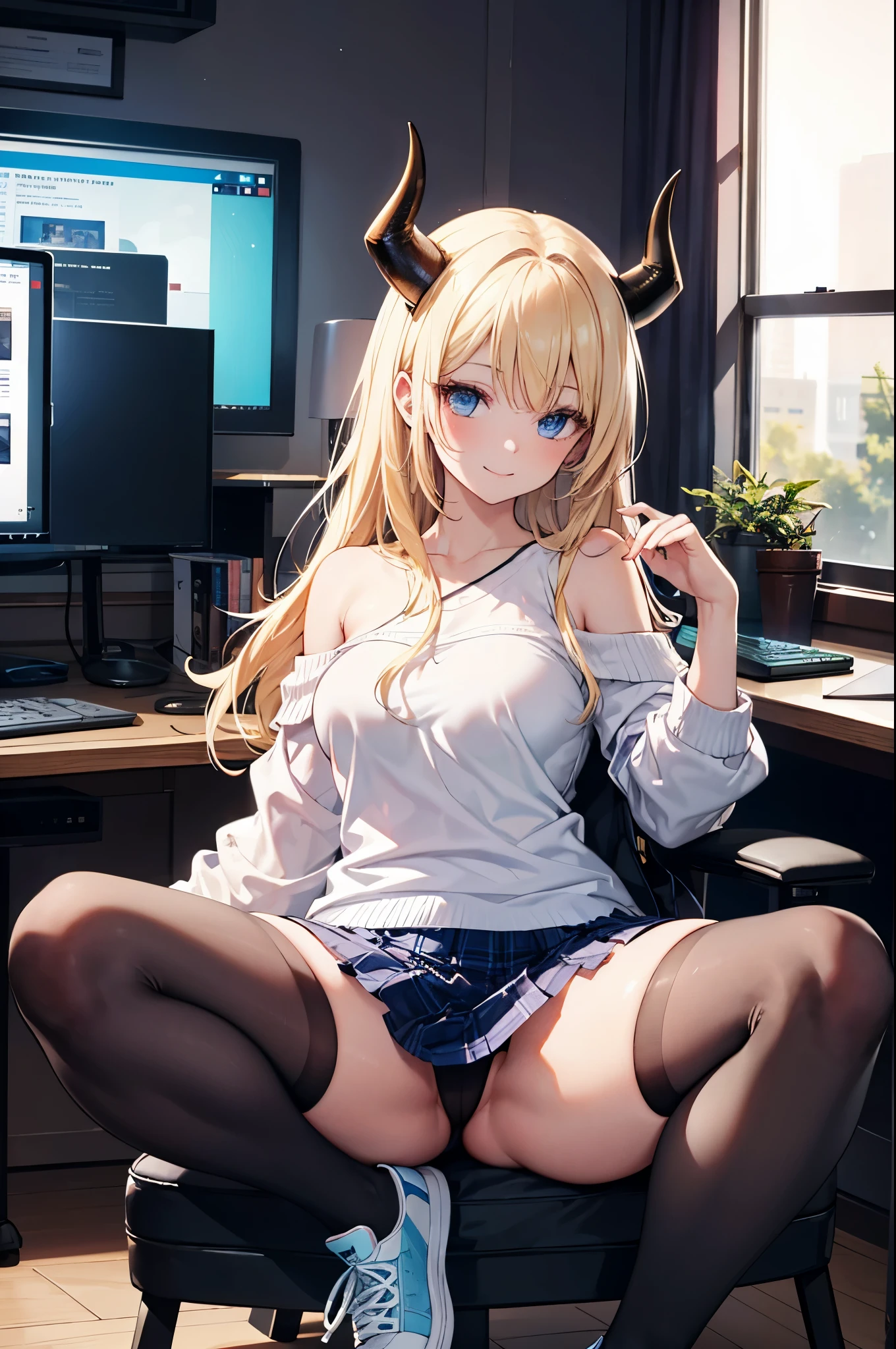 realistic image, coherent image, detailed image, 1 beautiful girl. She has blonde hair, long hair, light blue eyes, long eyelashes. She has demon horns. Her face is oval and delicate, smiling. She is wearing a long-sleeved, shoulder-baring off-the-shoulder shirt, plaid pleated mini skirt, sneakers, and mid-thigh stockings. She has a curvy body, medium breasts, thick thighs, background of a room, surrounded by a gaming computer, natural lighting, volumetric lighting