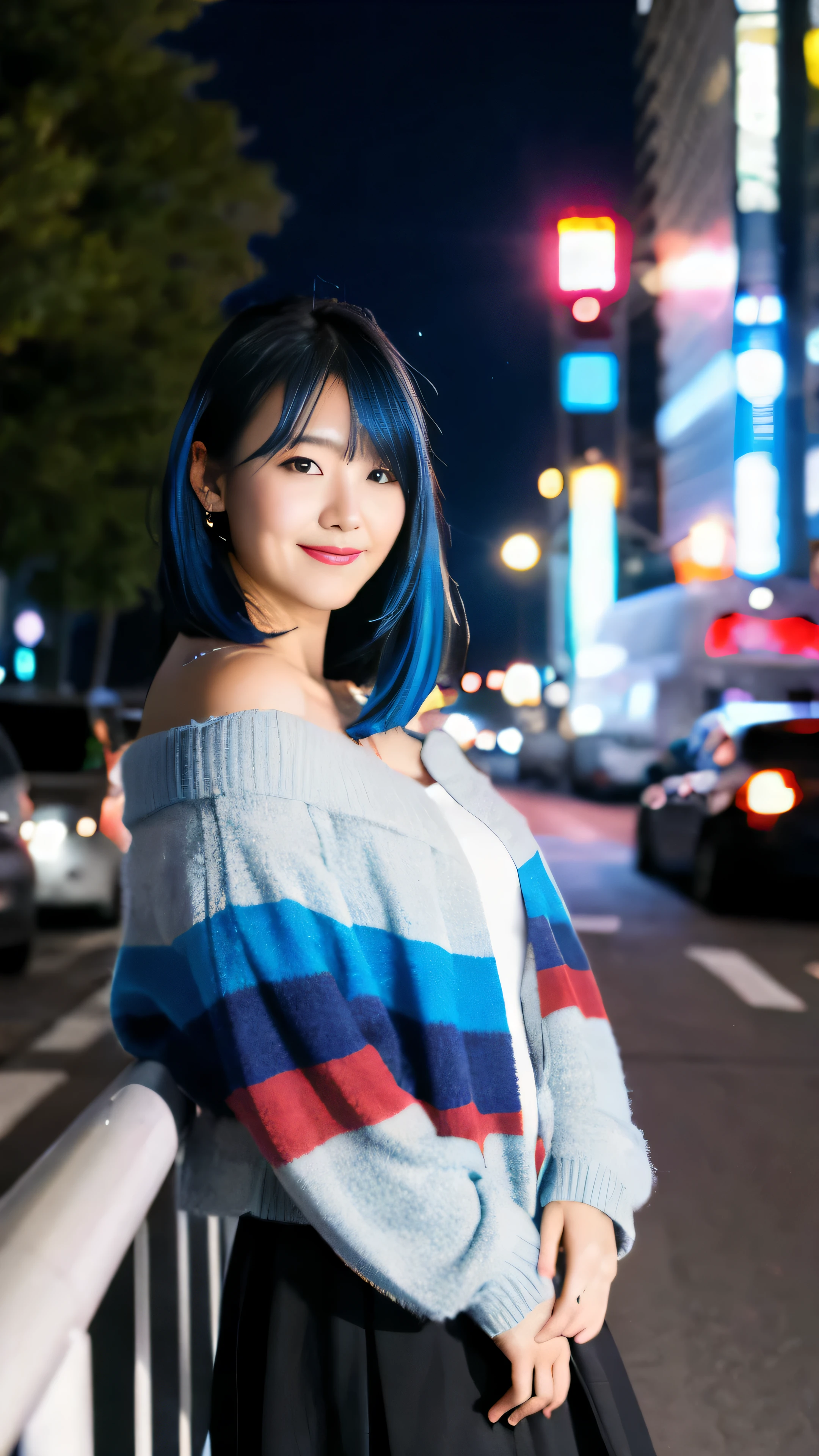 1girl, black_skirt, blue_hair, building, city, cityscape, hair_between_eyes, jacket, looking_at_viewer, medium_hair, multicolored_hair, multiple_boys, night, off_shoulder, outdoors, pleated_skirt, road, shirt, skirt, skyscraper, smile, solo_focus, street, white_shirt