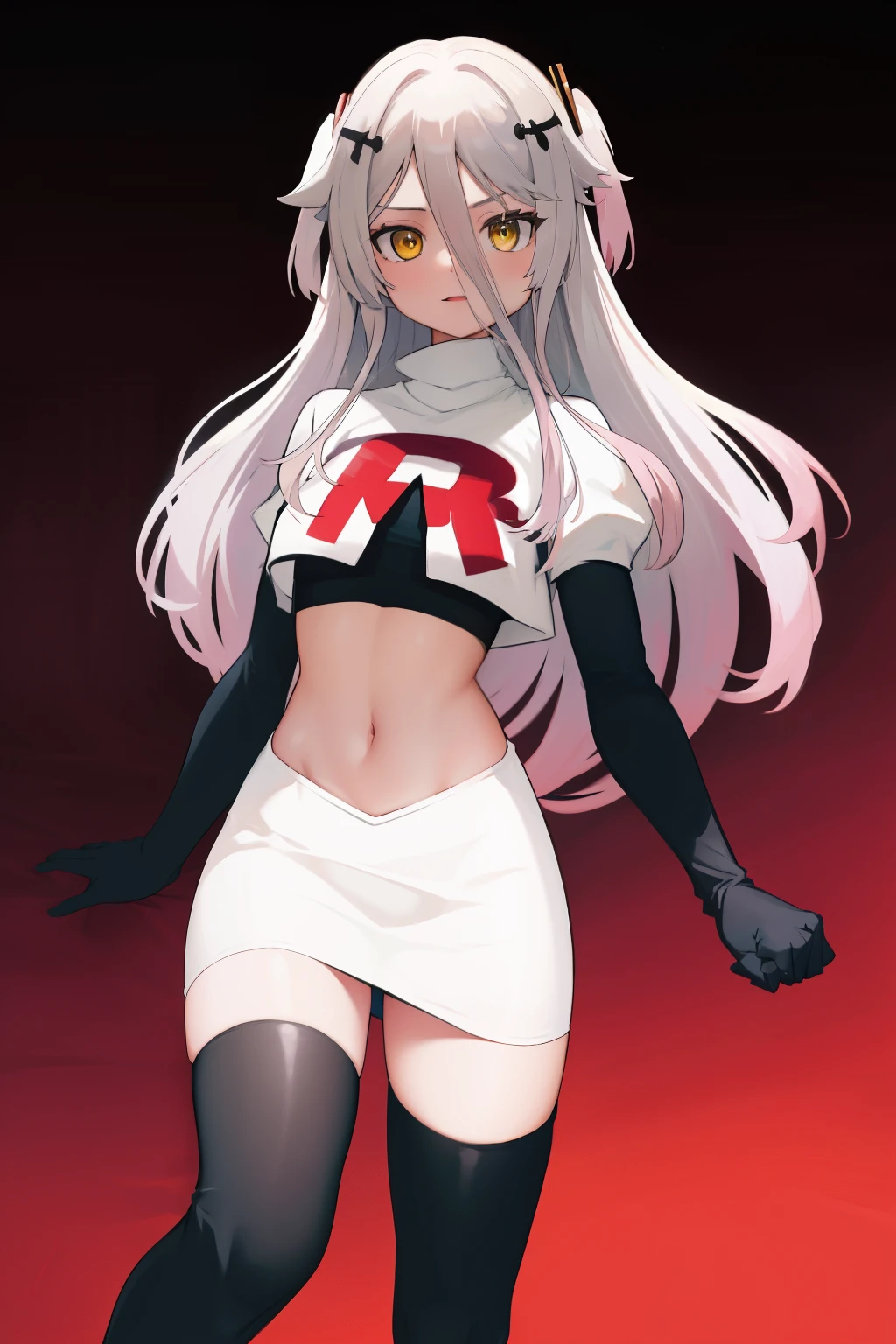 (absurdres, absurd resolution, highres, high resolution, best quality, masterpiece:1.1)
(solo, 1girl)
henya the genius, vshojo, yellow eyes,team rocket,team rocket uniform, red letter R, white skirt,white crop top,black thigh-highs,black elbow gloves