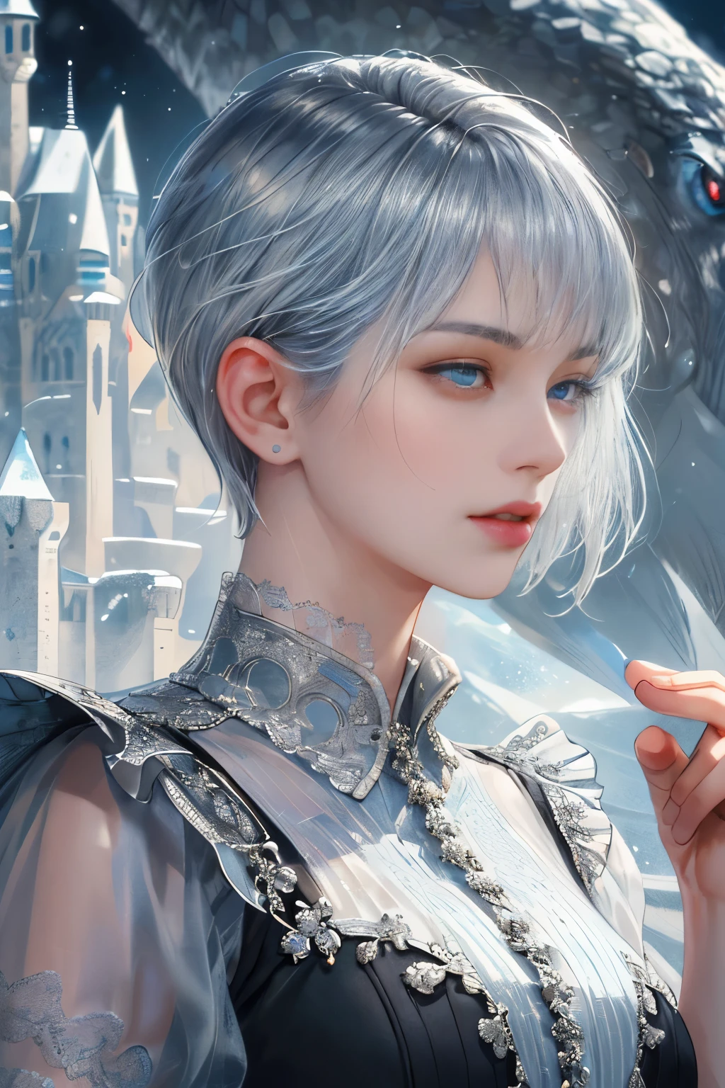 (absurdly , high quality , masterpiece , ultra detailed), ( detailed to hand ) (detailed to eyes) (detailed to face) , couples, 1 man (short silver Quiff hair with Soft Fringe, bangs part on side 3:7 ratio) and 1 woman (short silver hair with fringe) love ,pretty eyes (blue eyes) , black hair, fantasy, castle background, (close-up)