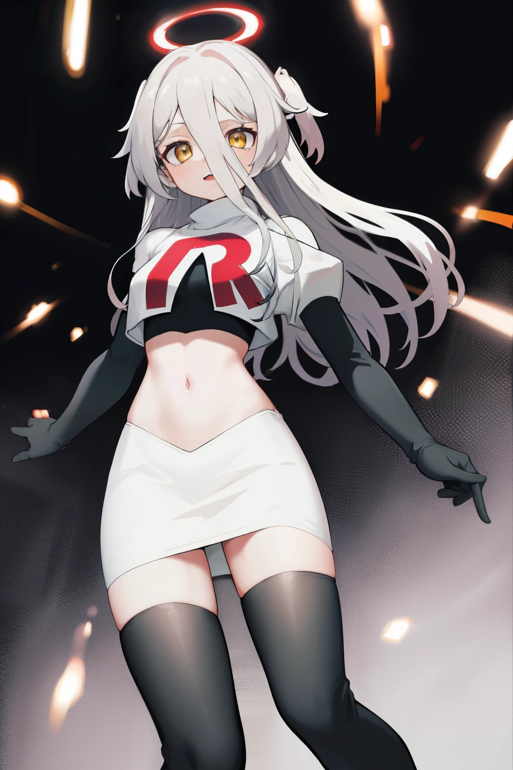 (absurdres, absurd resolution, highres, high resolution, best quality, masterpiece:1.1)
(solo, 1girl)
henya the genius, vshojo, yellow eyes,team rocket,team rocket uniform, red letter R, white skirt,white crop top,black thigh-highs,black elbow gloves