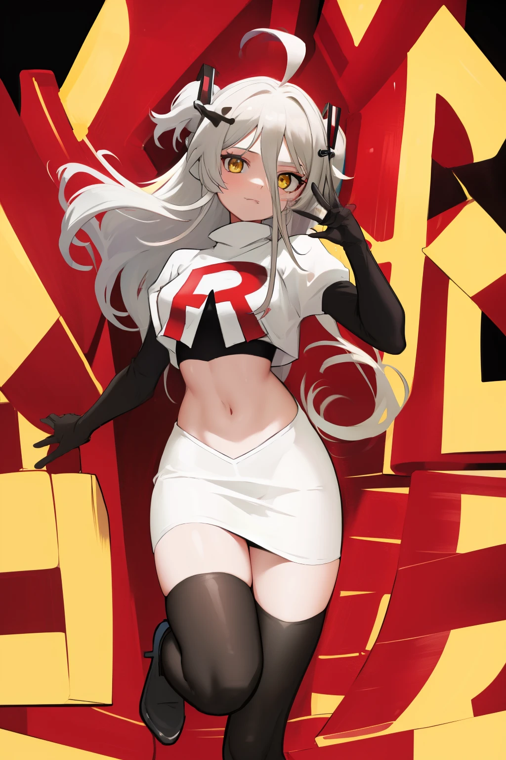 (absurdres, absurd resolution, highres, high resolution, best quality, masterpiece:1.1)
(solo, 1girl)
henya the genius, vshojo, yellow eyes,team rocket,team rocket uniform, red letter R, white skirt,white crop top,black thigh-highs,black elbow gloves