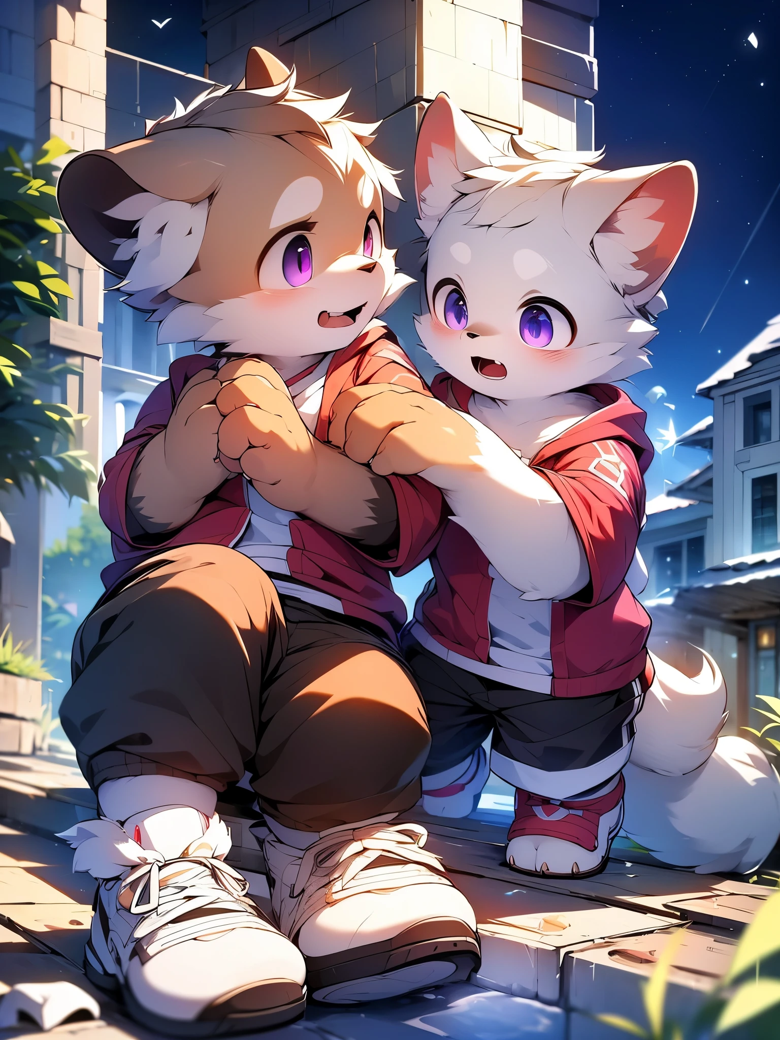 Civet cat, little boy, cute, ((with brown and white fur)), big purple eyes, red hoodie, off white shoes, brown shorts, (((white football socks))), surprised expression, (opening mouth), crouch, ((two hands on knees)), looking up at you, looking down from above, with a blush on the face, night, rooftop, beautiful starry sky, octane rendering, master's masterpiece, fine body portrayal, accurate hand portrayal, accurate detail portrayal, 4K ultra clear
