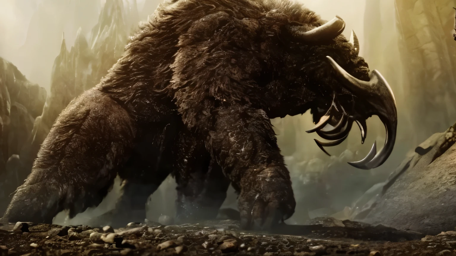best quality,4k,8k,highres,masterpiece:1.2,ultra-detailed,realistic:1.37,mutant beast with enormous horns,rough dark brown skin,detailed facial features,sharp fangs,fierce expression,menacing gaze,fierce posture,rippling muscles,extraordinary strength,dark and mysterious background,glowing green eyes,thick and coarse fur,towering figure,inhuman presence,shadowy atmosphere,exaggerated facial features,intimidating presence,dynamic and dramatic lighting,colossal size,dark and gloomy color palette,high contrast,monster-like appearance,sinister aura,mythical creature essence, behind a deep cave, snowy background, dark snow, fog