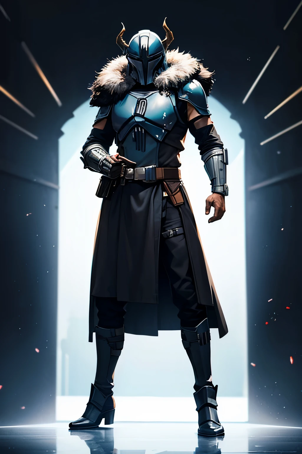 mandalorian in black armor, multiple horns helmet, and a fur coat, bulky, man, fire, forge,
