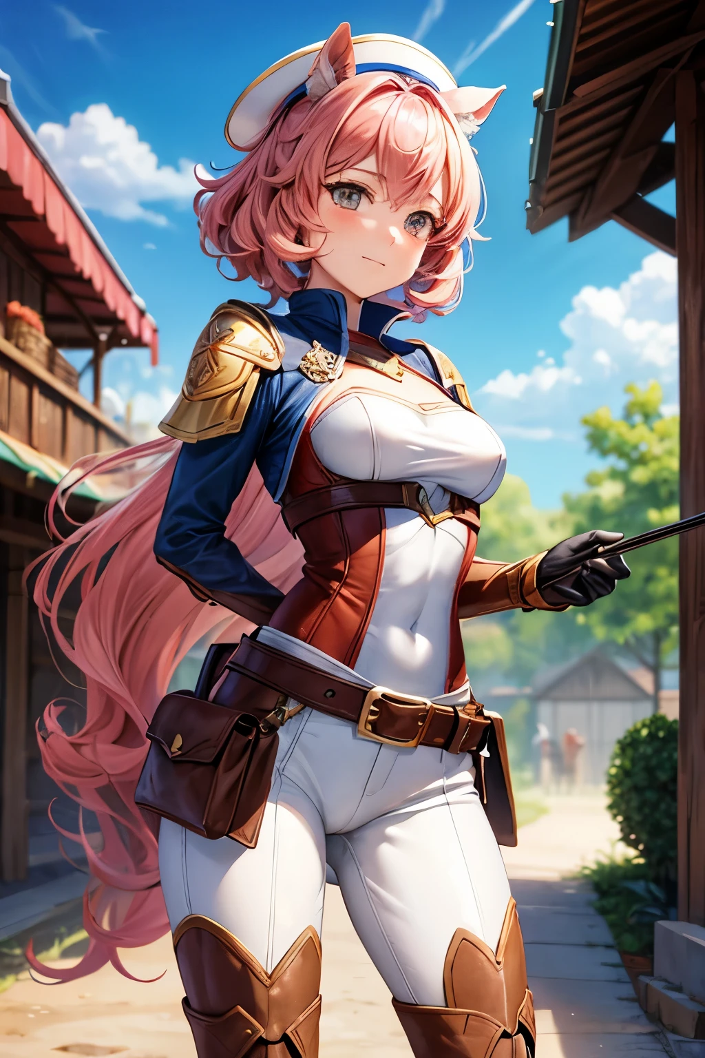 ingrid,large breasts,erected nipples,mature female, (dark-skinned female:1.2), dark skin, determined, pink red hair, large braid,Soft tendril hair, hair intakes, makeup, lipstick, (mole under mouth:0.8), eyelashes, yellow eyes,(Gorgeous military uniforms),low-cut clothing, tie,military academies, heroic,ultra miniskirt,cloaks,(no panties:1.2), outdoors,sunlight, spotlight effect,bright sky, blue sky with clouds,strong wind, old castle,(highres, high quality:1.1), intricate details, cinematic lighting, 1girl,(cool beauty),(metal collar),dynamic pose,from below,Light shines from the front