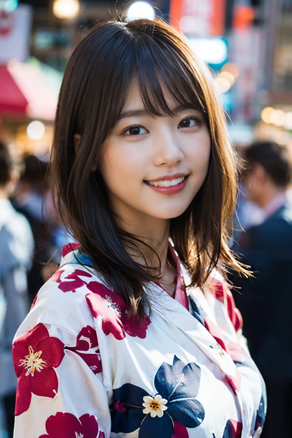 (8k、Raw photo、highest quality、masterpiece:1.2)、(realistic、Photoreal:1.37)、super detailed、Super high resolution、1 girl、see the beholder、beautiful and detailed face、laughter、narrow、(slim waist) :1.3)、Fine and beautiful skin、skin texture、floating hair、professional lighting、human body as a whole、long hair、blonde、floral pattern yukata、festival、in the street、Sparkler、bob hair、cheerful smile、