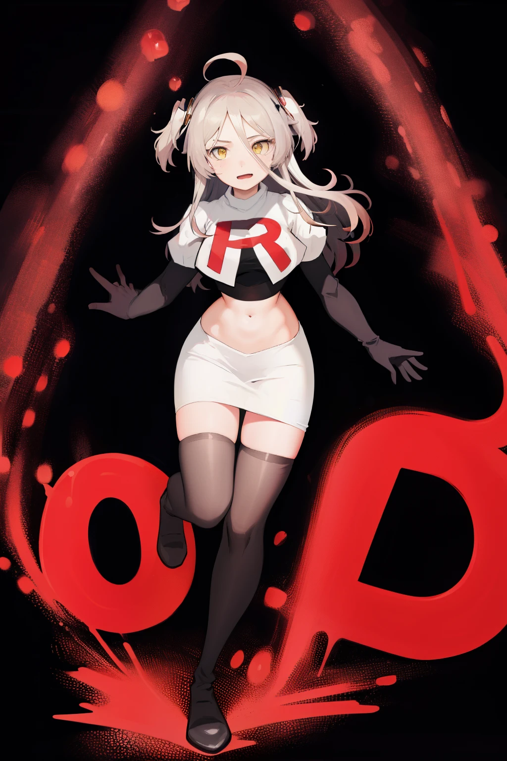 (absurdres, absurd resolution, highres, high resolution, best quality, masterpiece:1.1)
(solo, 1girl)
henya the genius, vshojo, yellow eyes,team rocket,team rocket uniform, red letter R, white skirt,white crop top,black thigh-highs,black elbow gloves