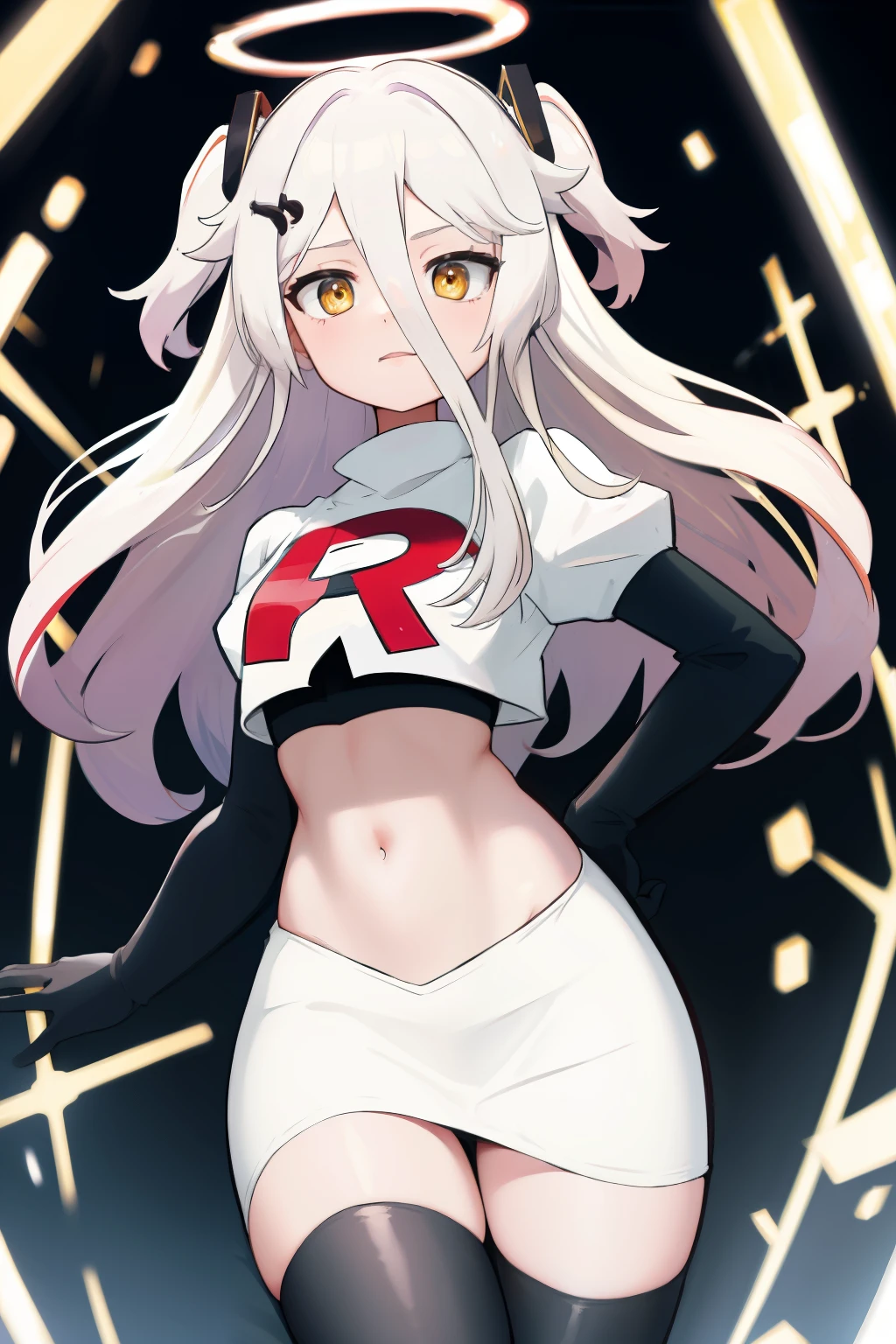 (absurdres, absurd resolution, highres, high resolution, best quality, masterpiece:1.1)
(solo, 1girl)
henya the genius, vshojo, yellow eyes,team rocket,team rocket uniform, red letter R, white skirt,white crop top,black thigh-highs,black elbow gloves